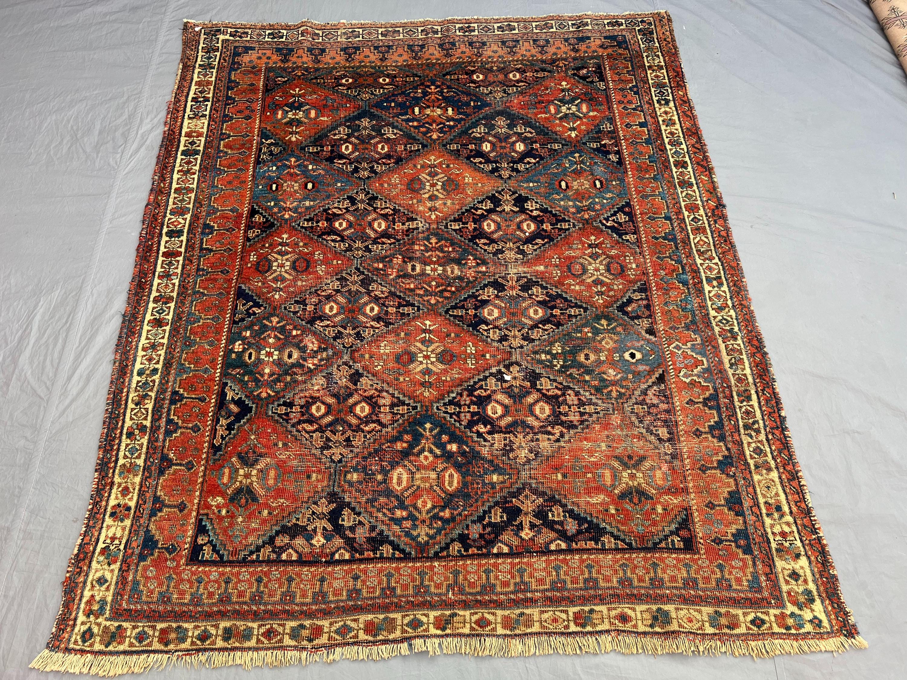 Vintage Afghan Baluchi Rug, Handwoven, Geometric Pattern, Red & Navy Blue, 4'10" x 5'8" (147 x 173 cm), Wool A
