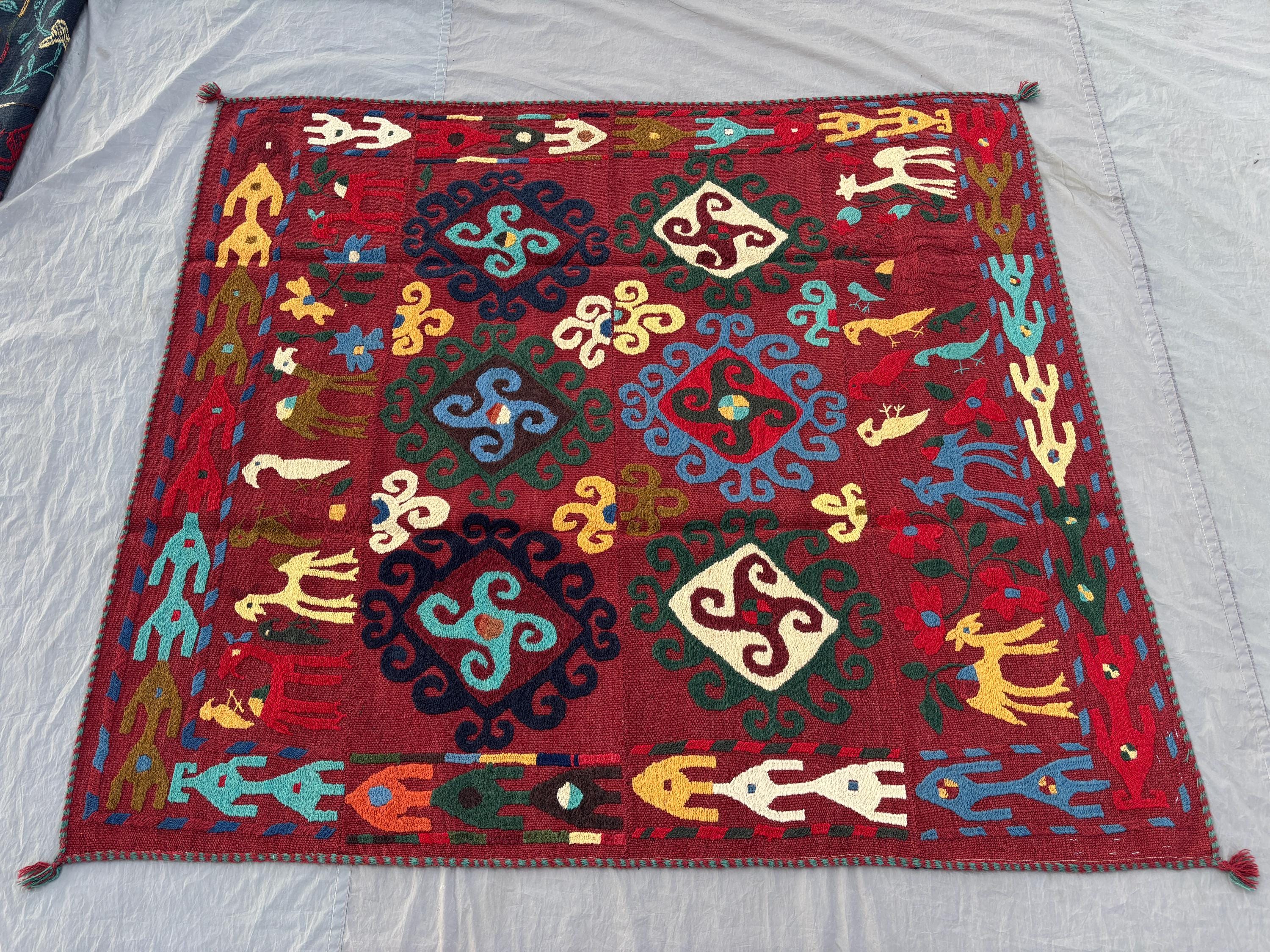 Uzbek Suazni Rug, 5'4x5'10 ft, Vintage Hand Knotted, Pictorial Animal Print, Flat Weave, Wool, Textile Wall De