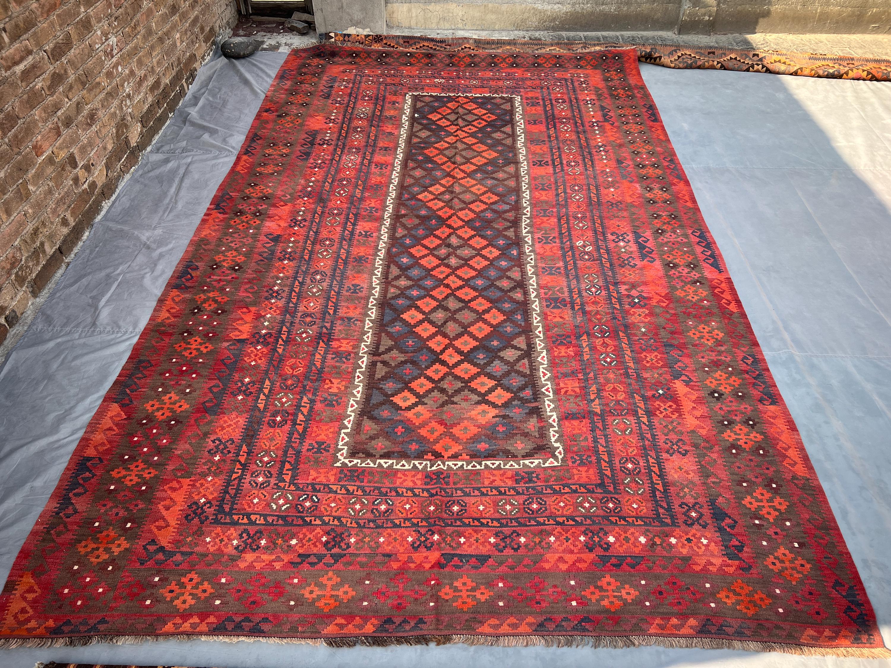 Afghan Handmade Flatweave Rug 8x14 Vintage Maimana Kilim Wool Rug | Tribal Turkmen Geometric Rug | Large Boho