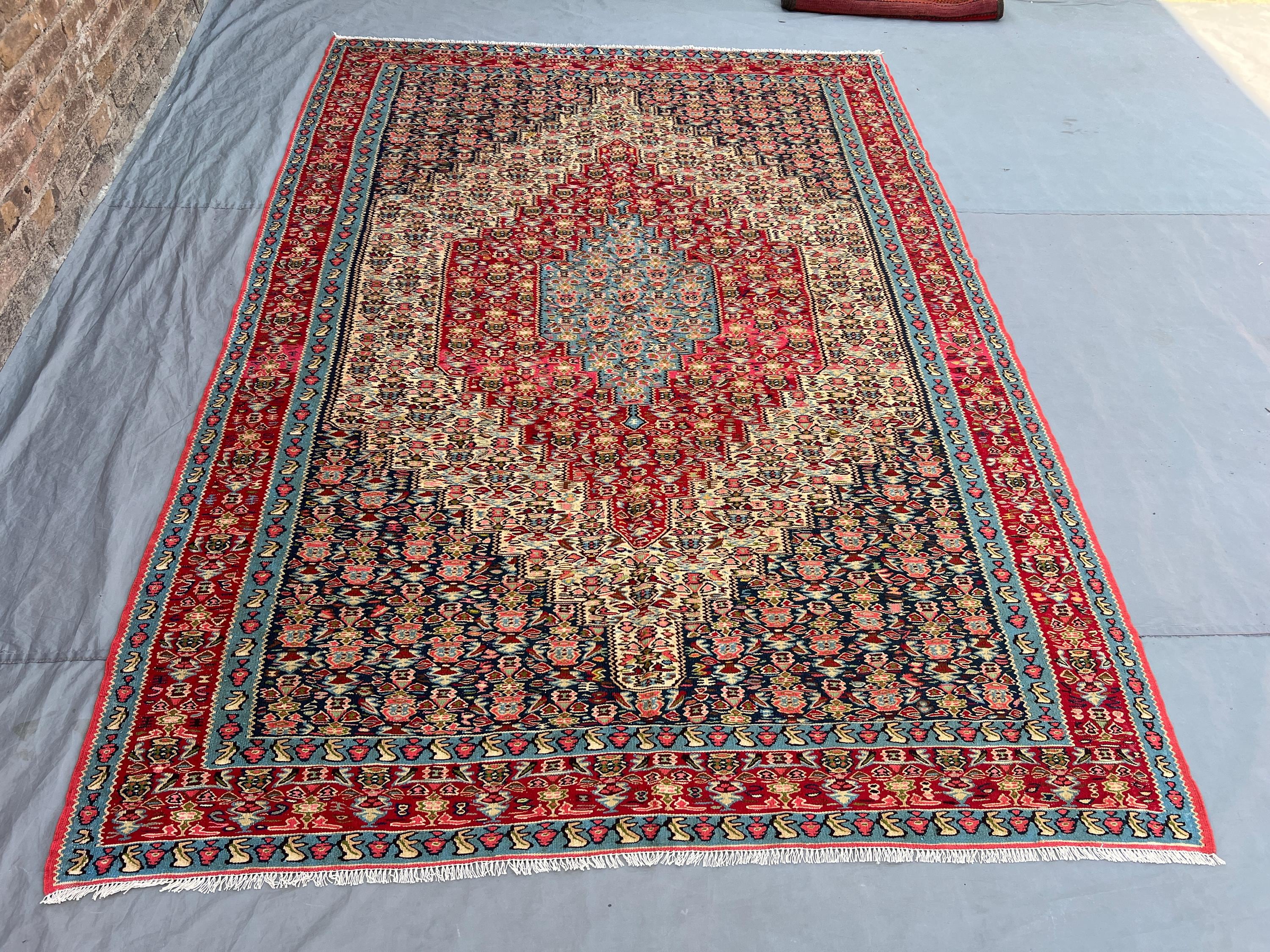 6'5x9'4 Vintage Afghan Kilim Handwoven Wool Flatweave Elongated Medallion Abrash Red Navy Sky Blue Multicolor Large Area Rug | Living Room