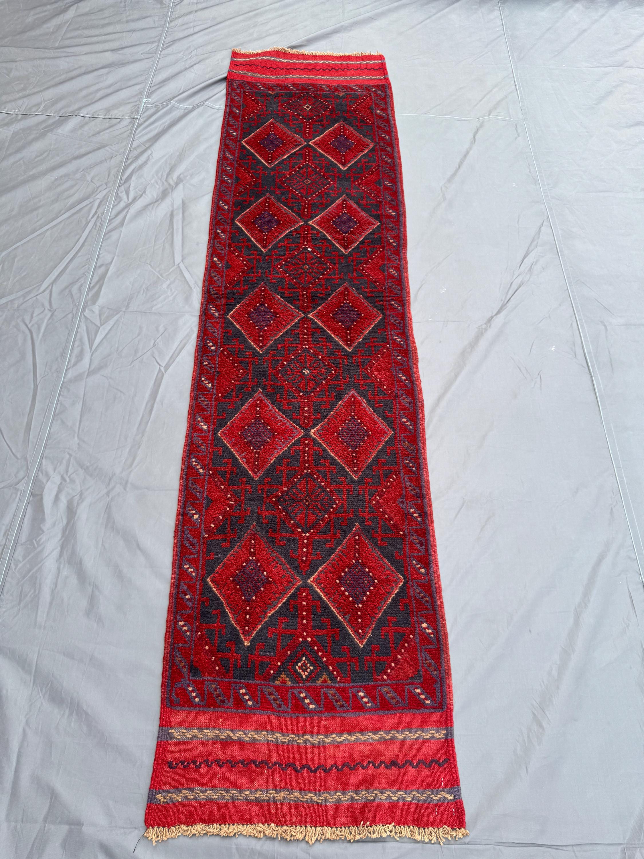 2 × 9 Afghan Hand-Knotted Vintage Runner Balochi Mishwani Design Red Navy Geometric Soft Wool Tribal Hallway D