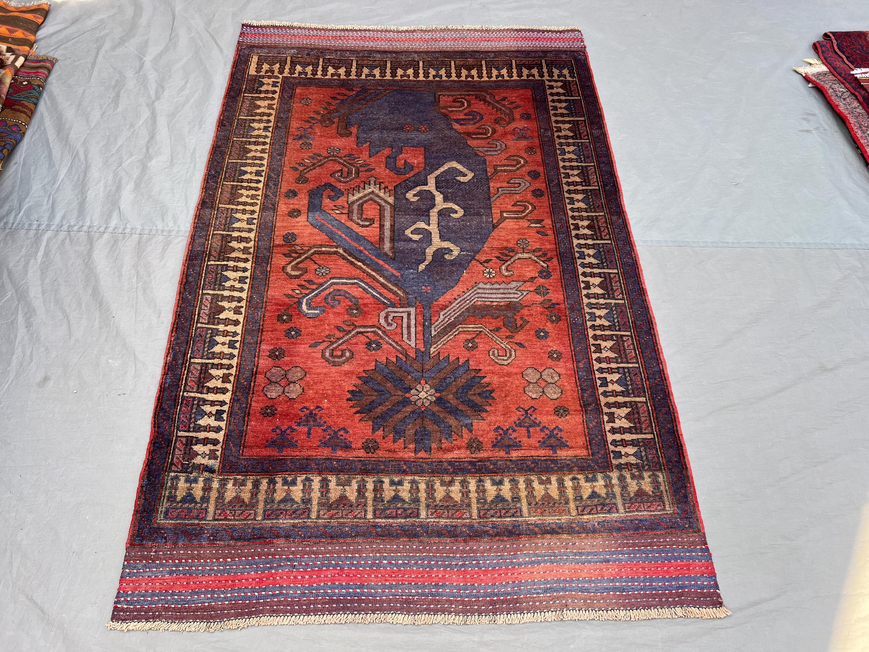 3'10x6 ft Vintage Afghan Pile Rug | Handknotted Tribal Bold Geometric Medallion | Burnt Orange & Deep Navy Wool Area Rug Living Room Bedroom