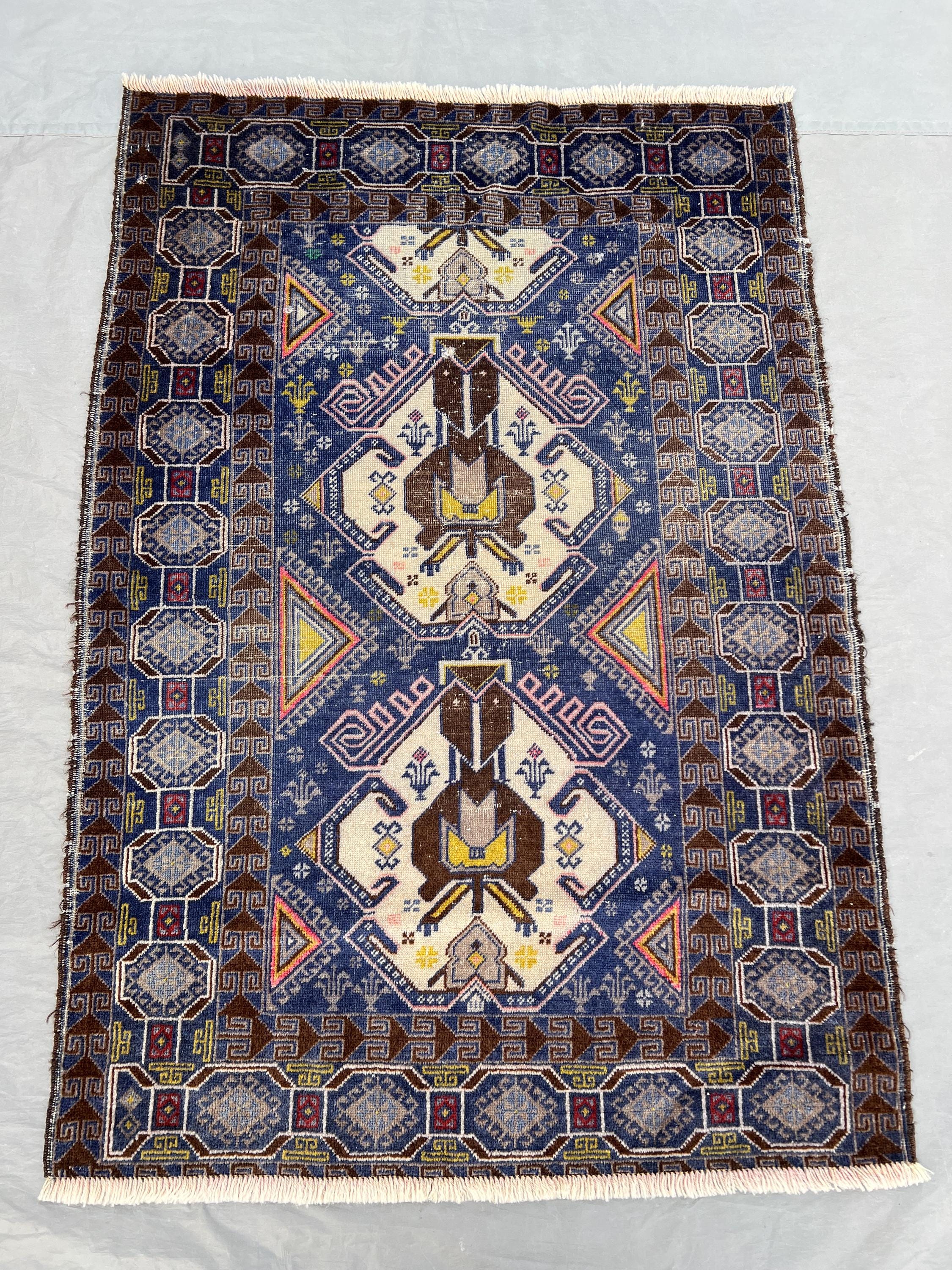 3 x 4’4 ft Afghan Hand Knotted Turkish Inspired Vintage Rug Tribal Geometric Medallion Tribal Wool Area Rug Living Room Bedroom Home Decor