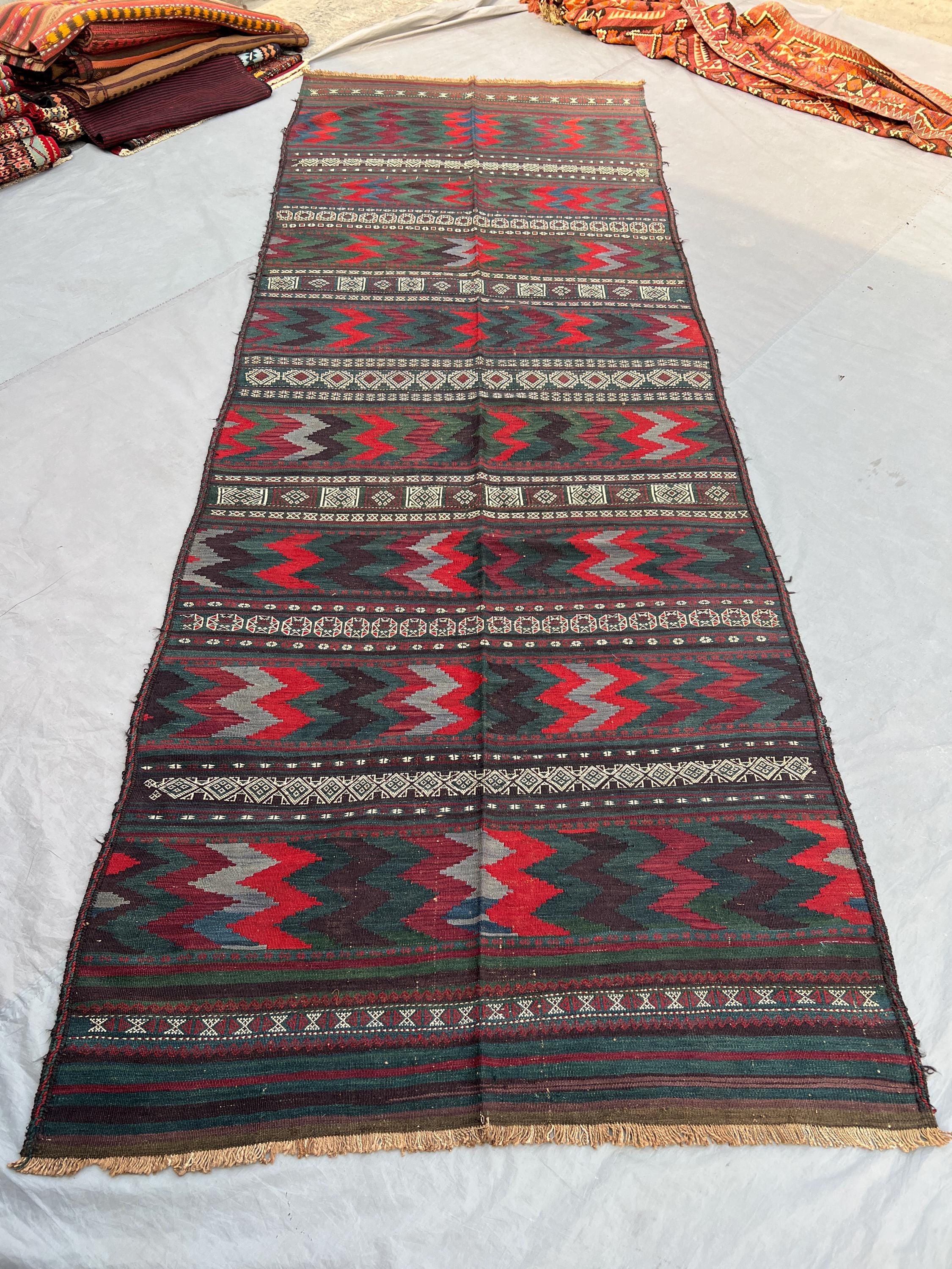 4'8x12'7 Antique Afghan Kilim Runner | Flat Weave Wool Hallway Runner | Dark Green Red Zigzag Stripe Kilim Runner Bohemian Staircase Runner