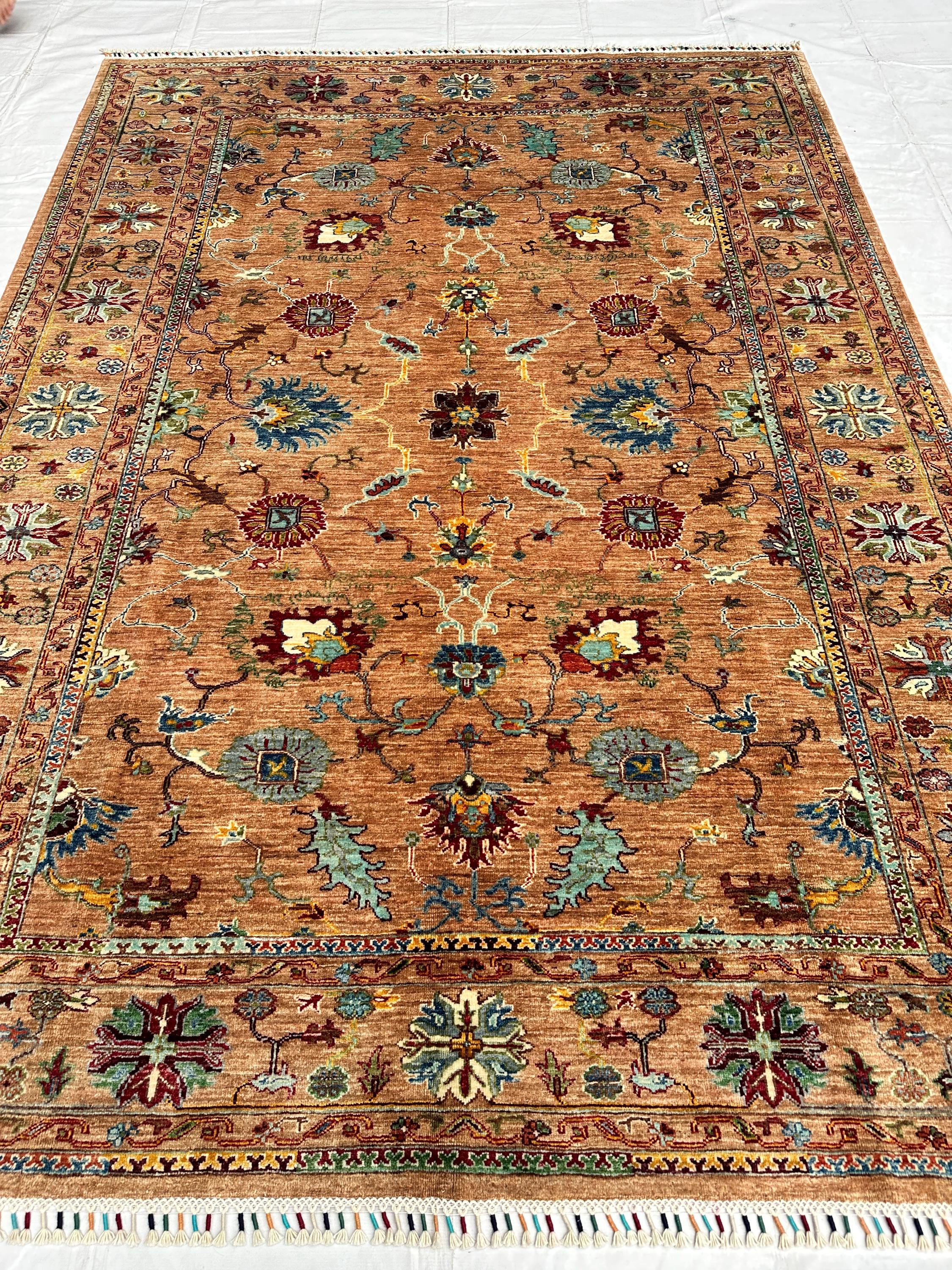 Camel Allover Rug, Hand Knotted Wool Vine Carpet 7x9, Traditional Floral Area Rug, Vintage Style Wool Rug, Liv