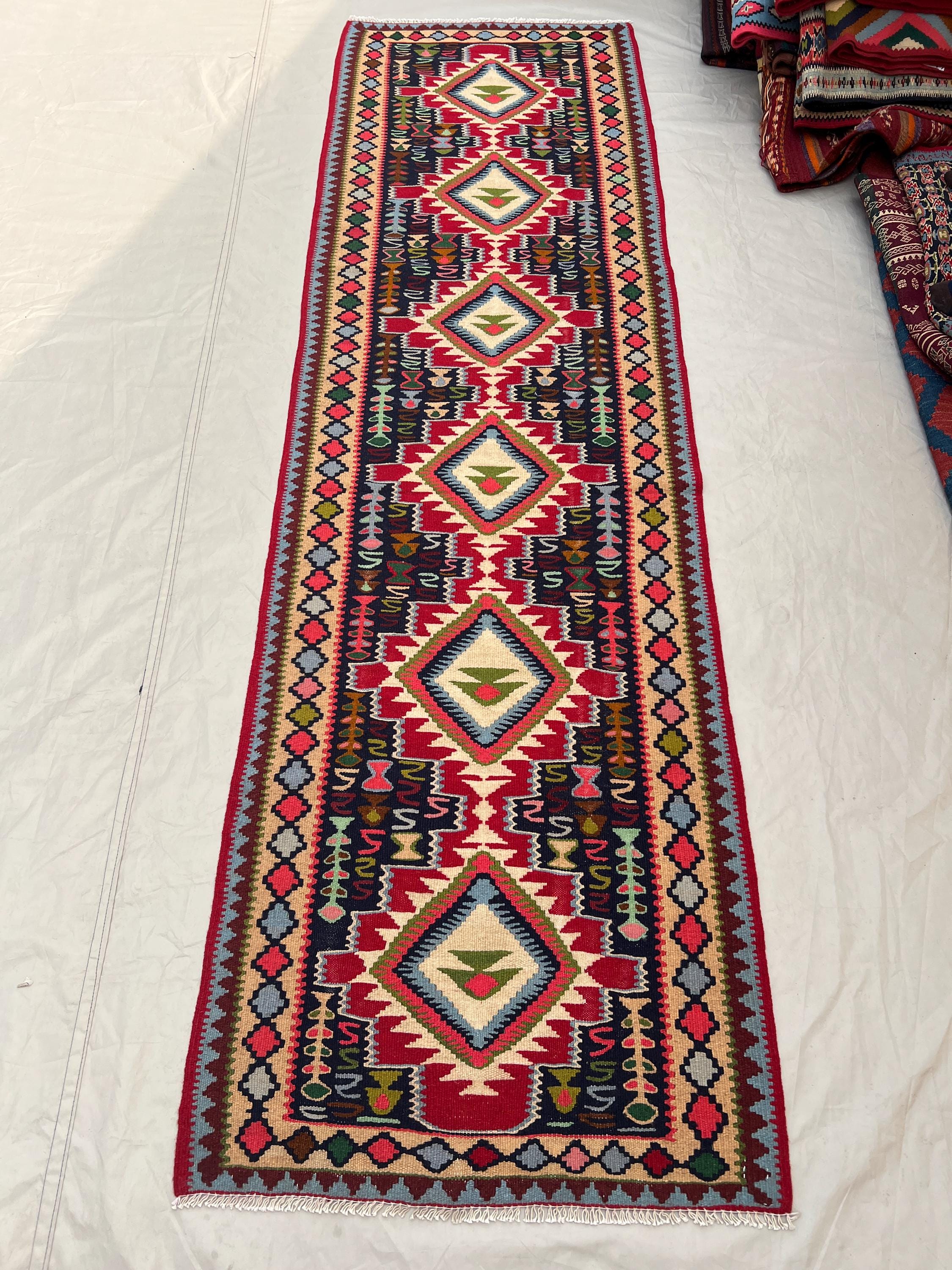2'7x8'5 Ft Vintage Afghan Flat Woven Wool Kilim Runner Red Navy Repeating Diamond Medallion Multicolor Tribal Boho Hallway Kitchen Carpet