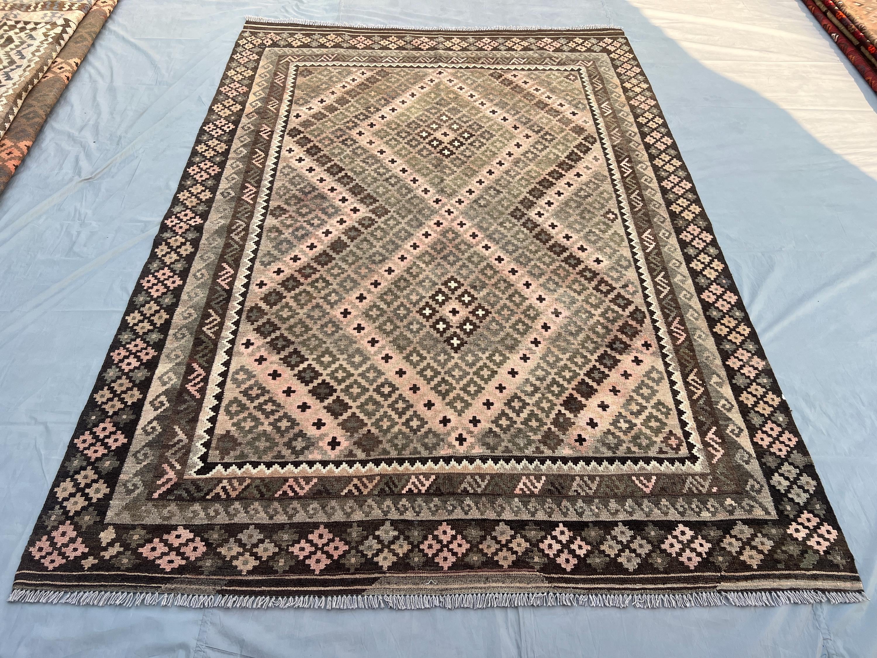 6.8x9.6 ft Afghan Handmade Kilim Rug - Turkish Style Kilim, Geometric Tribal Pattern, Neutral Tones, 100% Wool, Floor Decor, Bedroom Rug