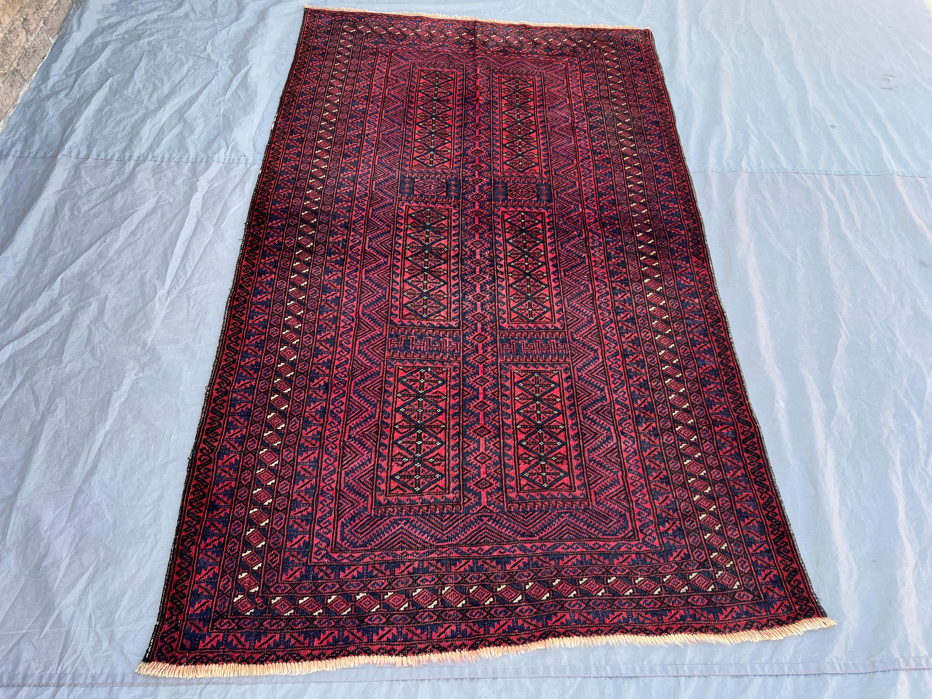 4'3x7'2 Vintage Afghan Tribal Rug | Hand Knotted Wool Area Rug | Deep Red Navy Blue Geometric Panel Rug | Bohemian Living Room Rug
