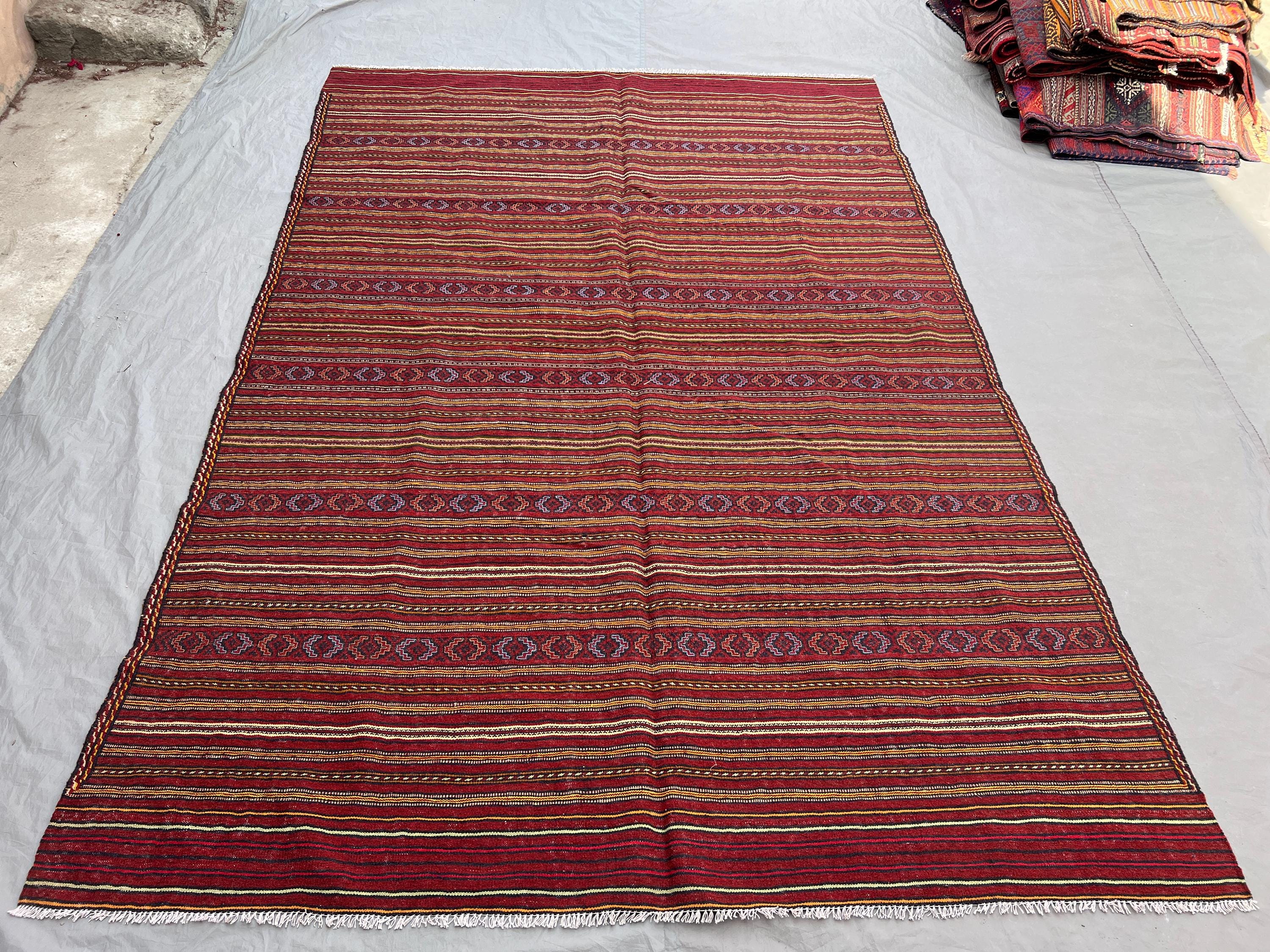 6'4x9'5 ft Vintage Afghan Hand-Knotted Kilim – Striped Design with Geometric Borders, Handmade, Boho Home Decor, Cozy Living Room