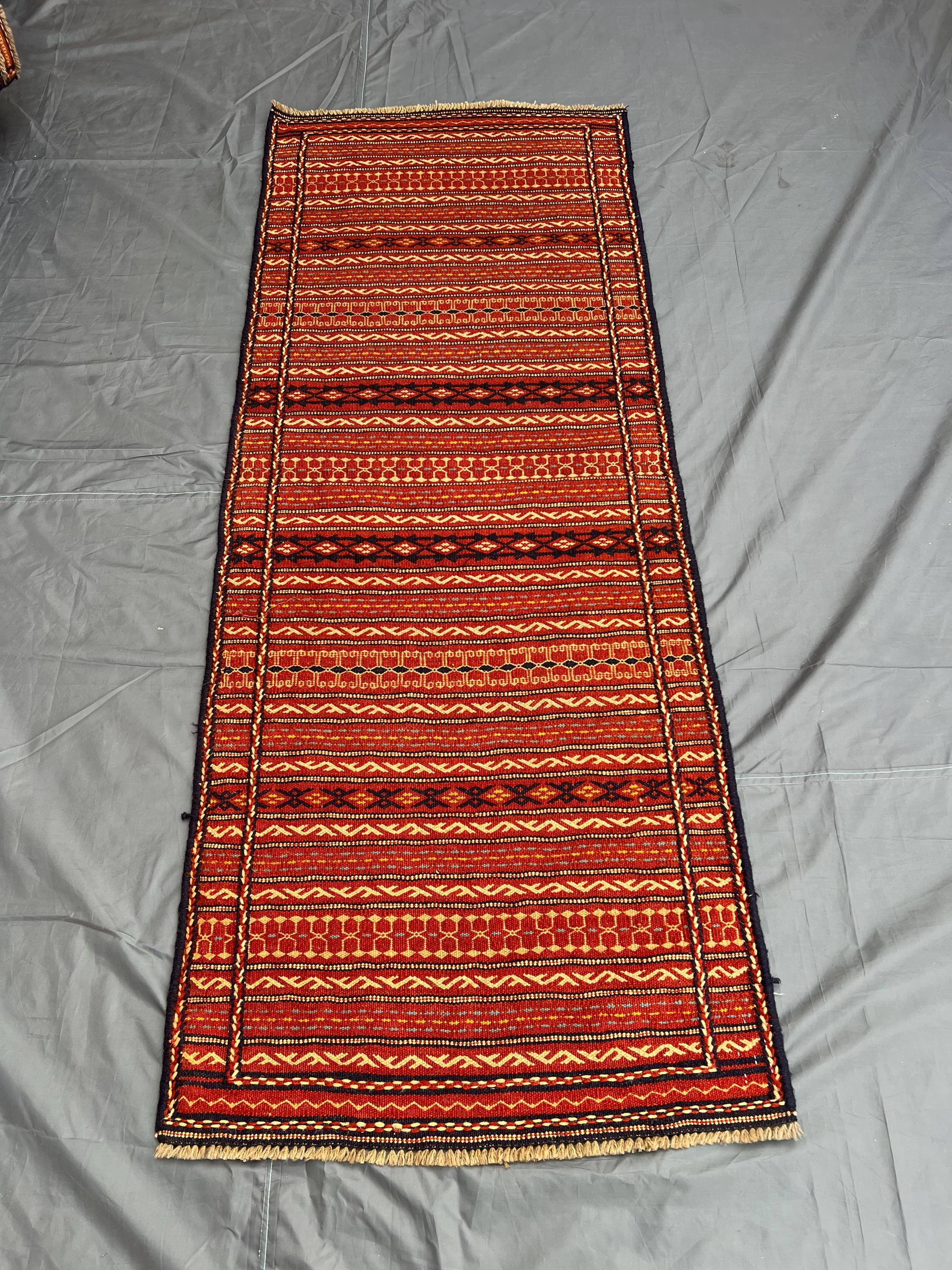 Striking Red "2'7x6'8" ft Handmade Afghan Sumak Runner Rug Tribal Flatweave Geometric Pattern Long Hallway Car