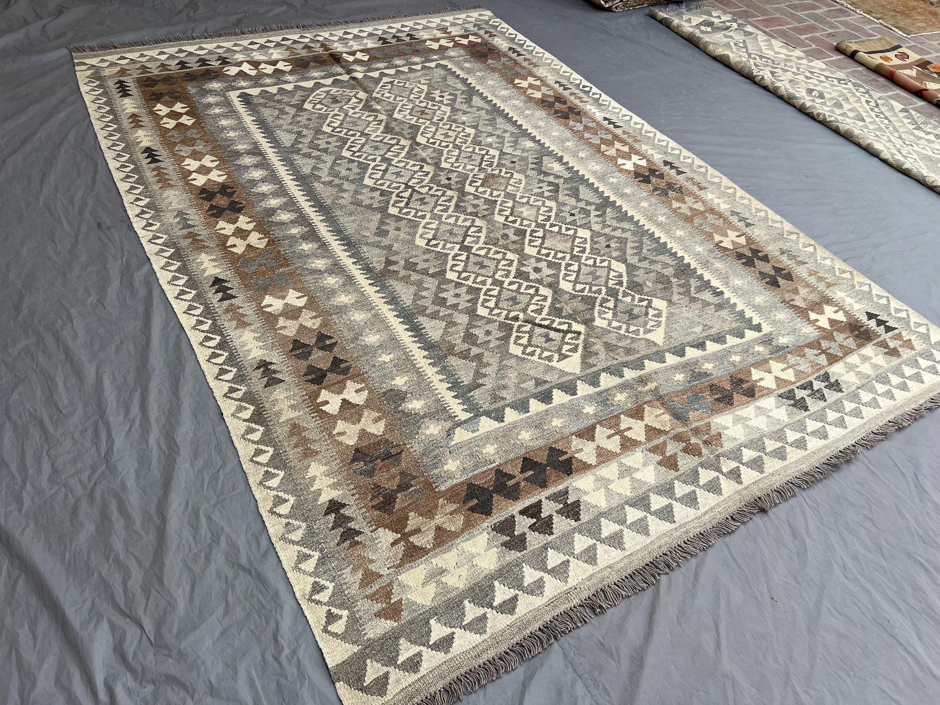 Unique 7 x 10 ft Afghan Hand-Woven Vintage Flat-Weave Kilim Faded Maimana Design Large Area Rug One-of-a-Kind Wool Tribal Rug