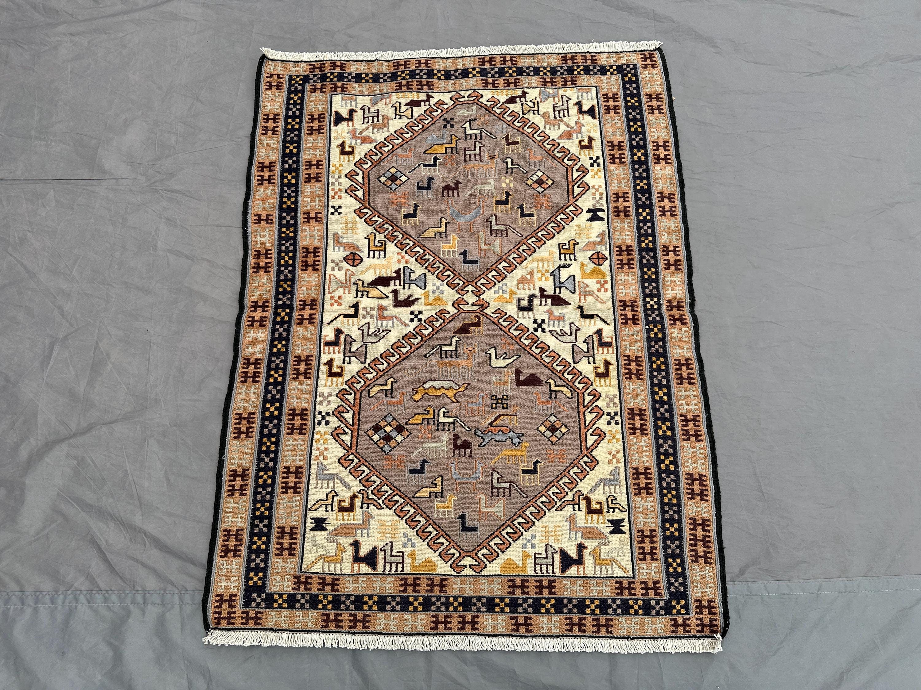 3x4 Vintage Afghan Sumak Rug | Handmade Silky Wool Accent Carpet | Red Beige Tribal Pattern | Boho Ethnic Area Decor | Turkish Style rug