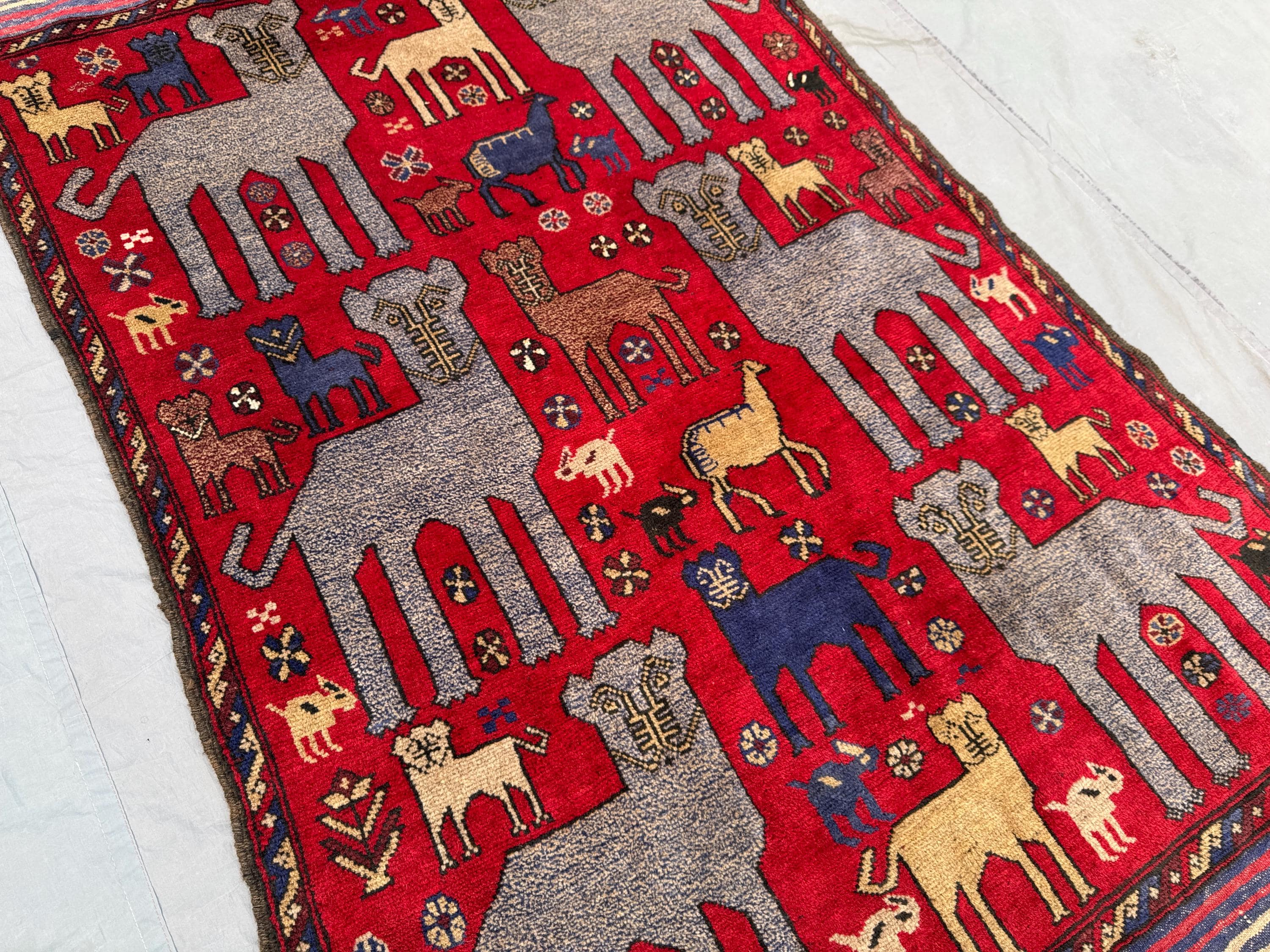 4 x 6.2 ft Red Afghan Hand Knotted Rug, Modern Soft Pile with Animal Print Design, One of a Kind Luxury Home Boho Decor