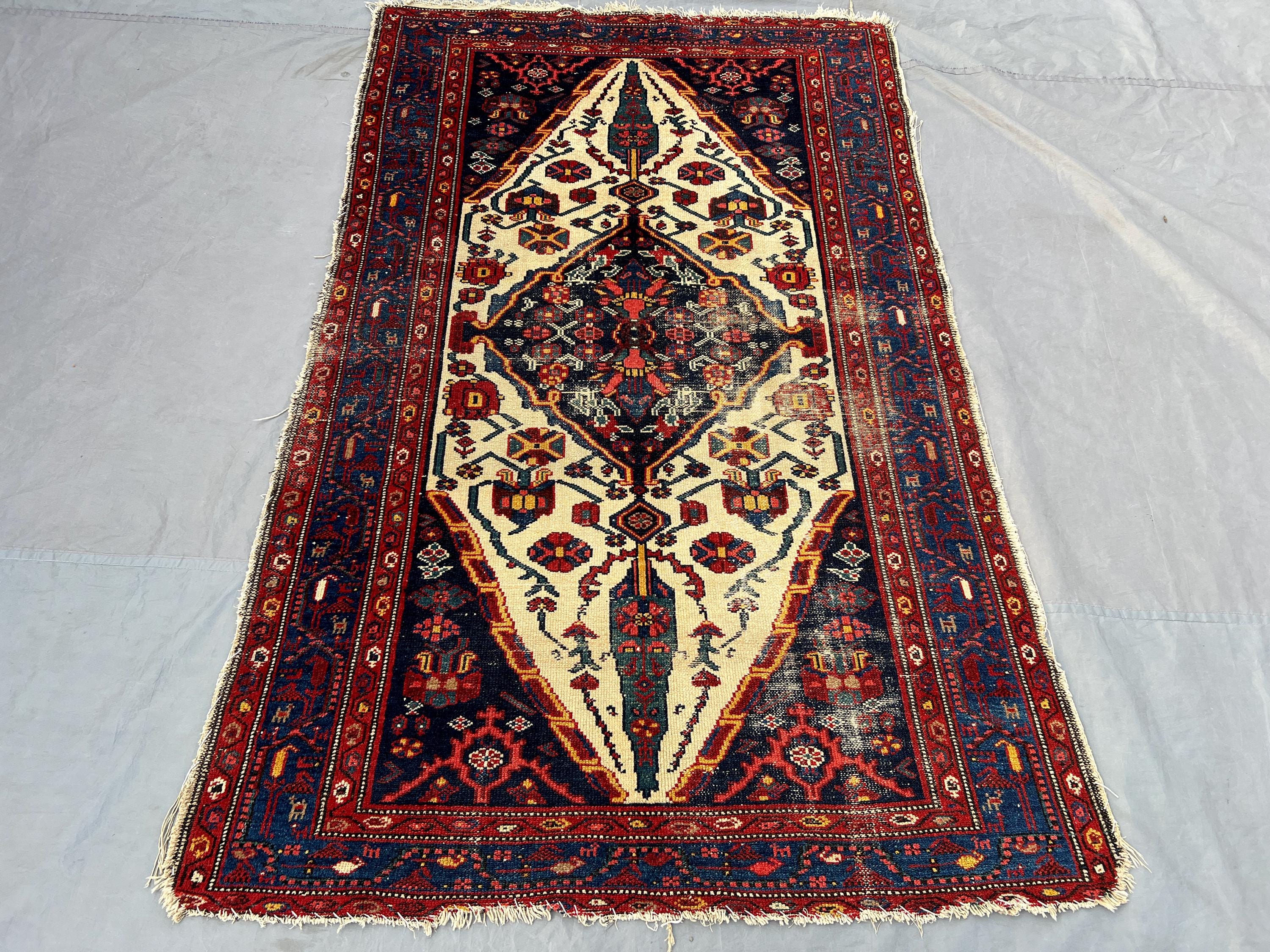 4'0 x 6'11 ft Antique Afghan Baluchi Rug, 1800s Hand Knotted Wool Carpet, Distressed Faded Tribal Oriental Geometric Area Rug, Bedroom Rug