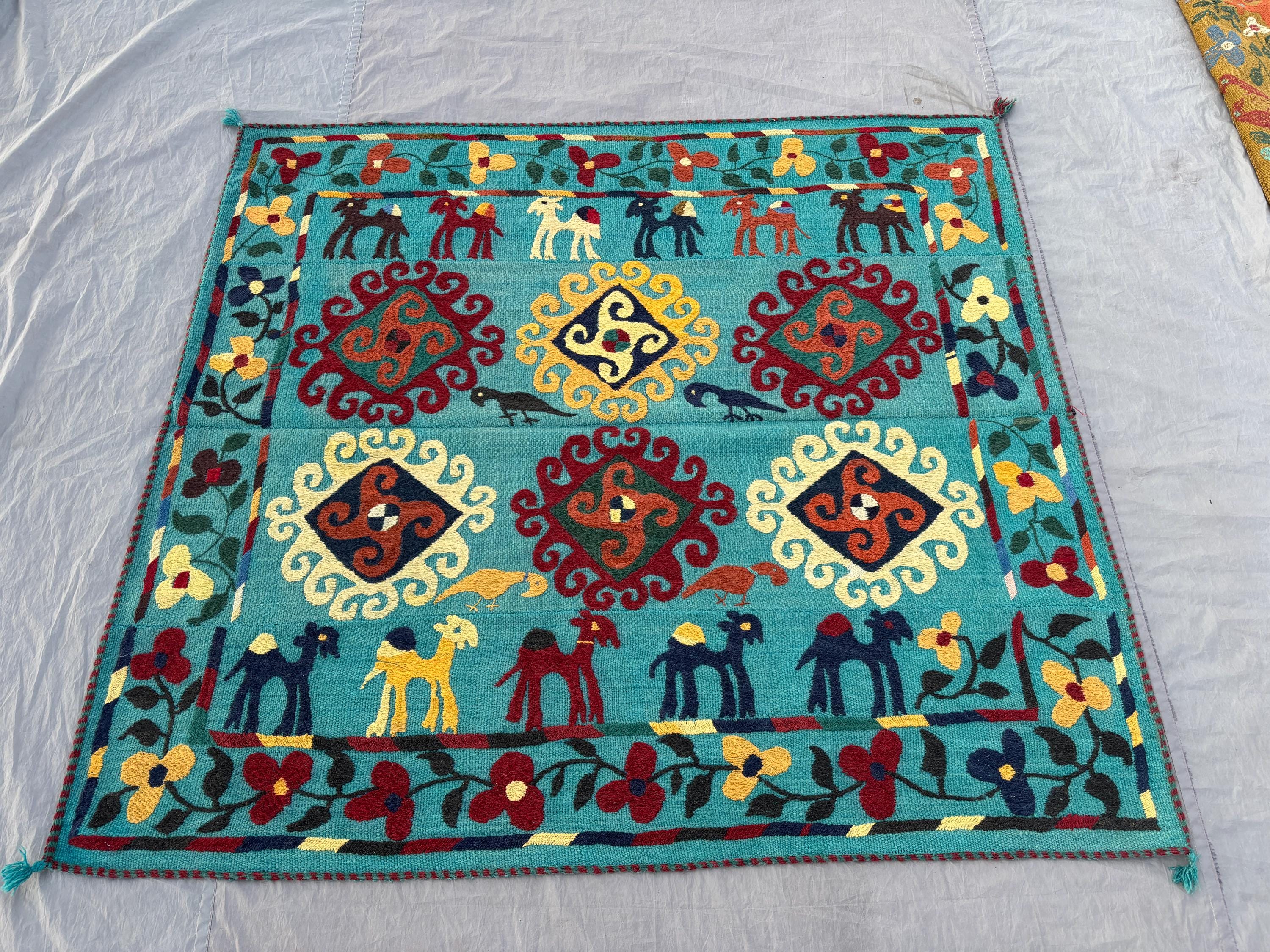 5 x 5.6 ft Afghan Hand Woven Vintage Flat Weave One of a Kind Home Decor Patchwork Luxury Pictorial Animal Camel Suzani Blue, Red, Yellow