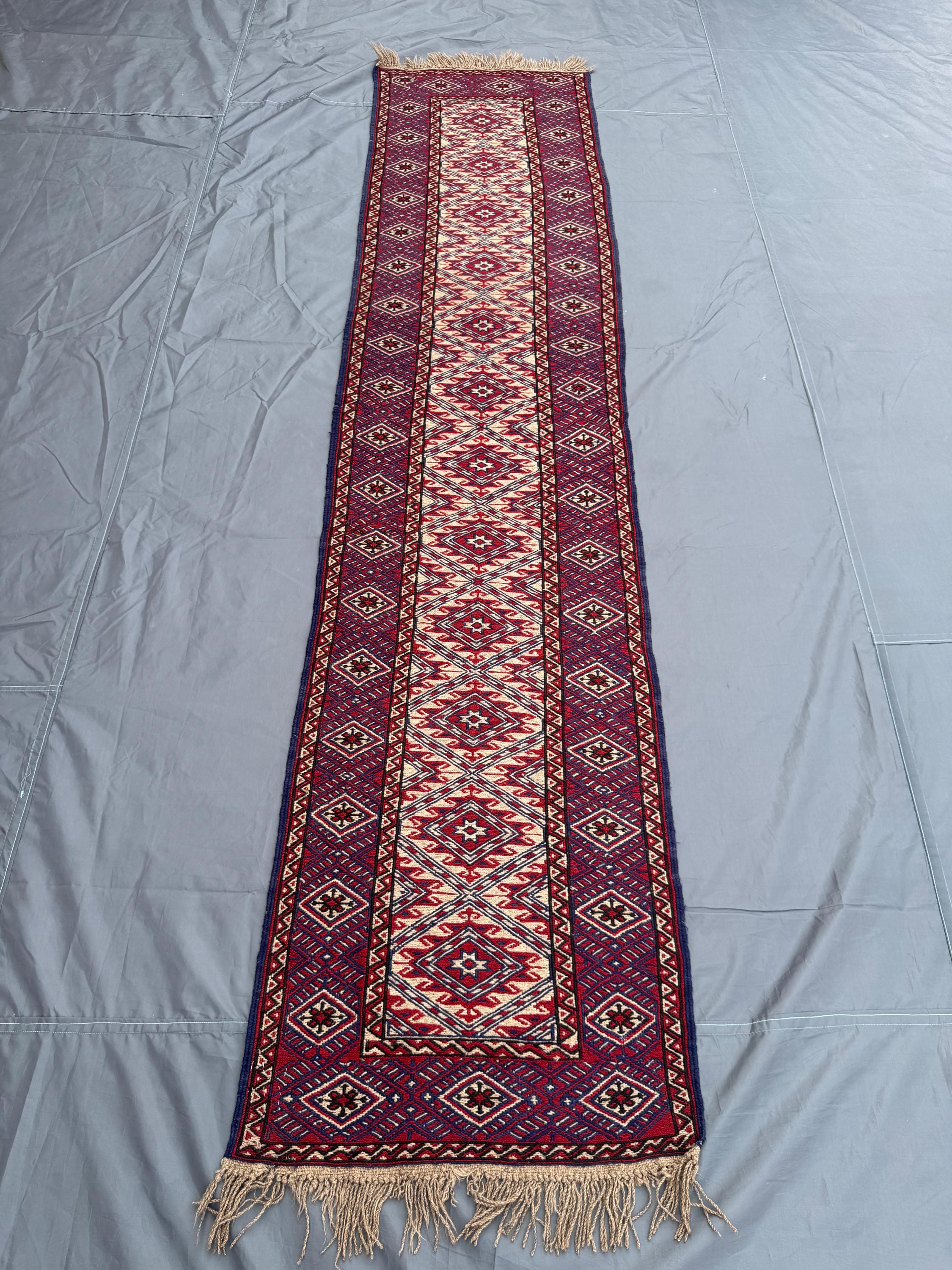 2x9 Ft Afghan Handwoven Vintage Runner Rug, Tribal Kilim Design, Red Blue Cream Geometric Pattern, One-of-a-Ki
