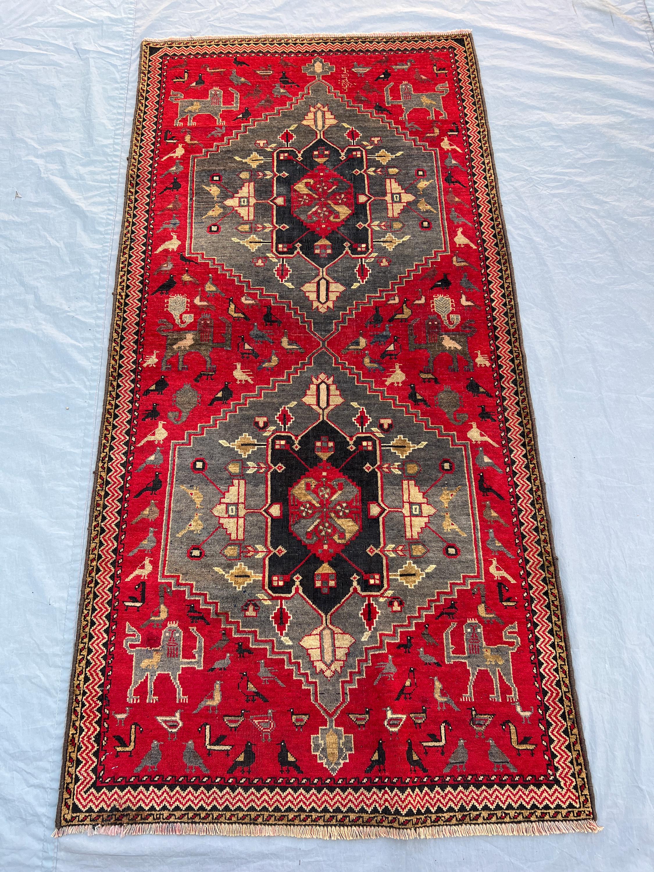 3x6'3 ft Vintage Afghan Hand-Knotted Rug – Geometric Red & Gray Design with Animal Motifs, Handmade, Boho Living Room or Hallway Decor
