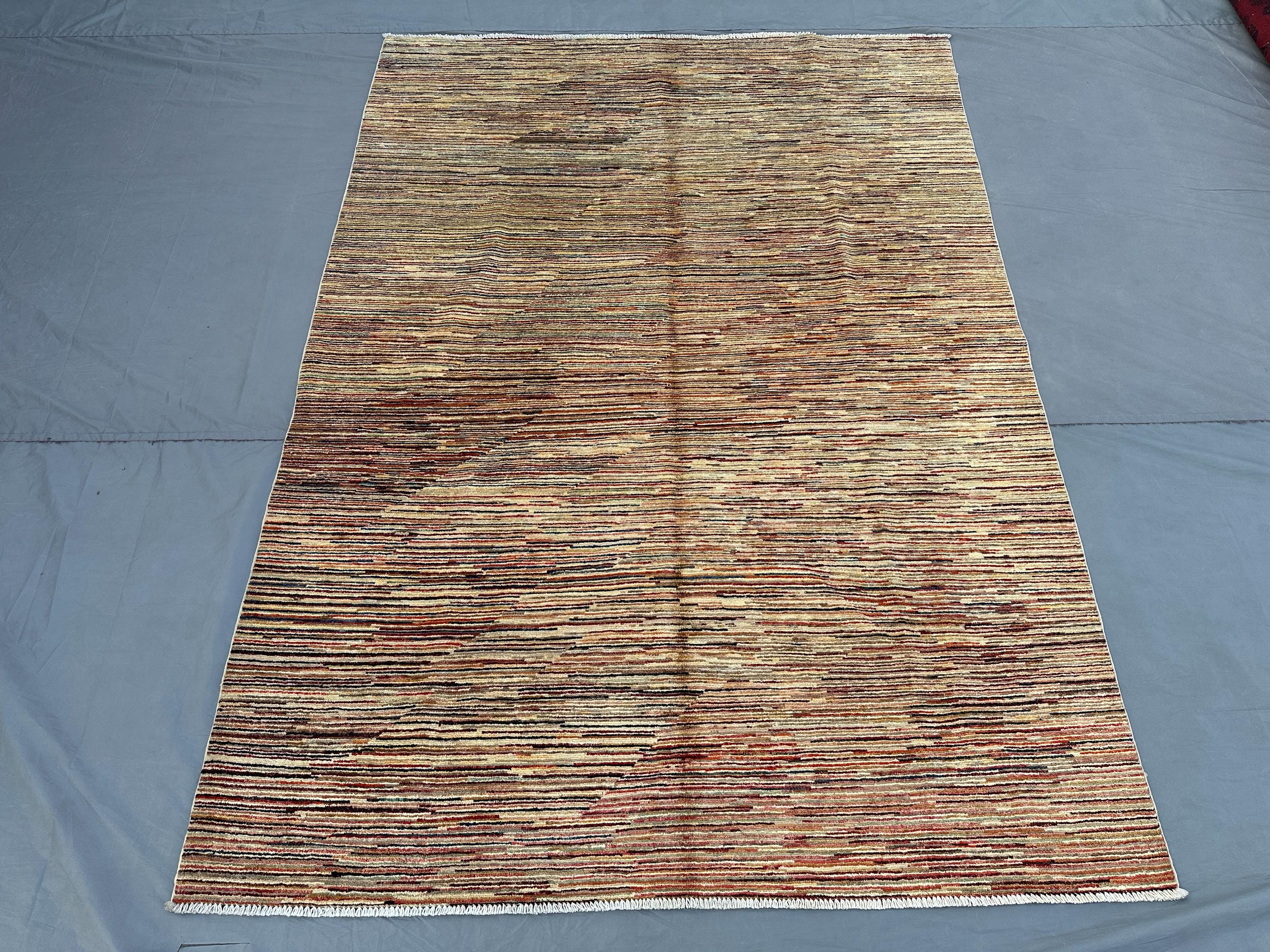 5'7x7'9 ft Afghan Hand Knotted Gabbah Rug, Berber Modern Wool Area Rug Striped Minimalist Design  Multicolor Carpet Living Room Rug Moroccan