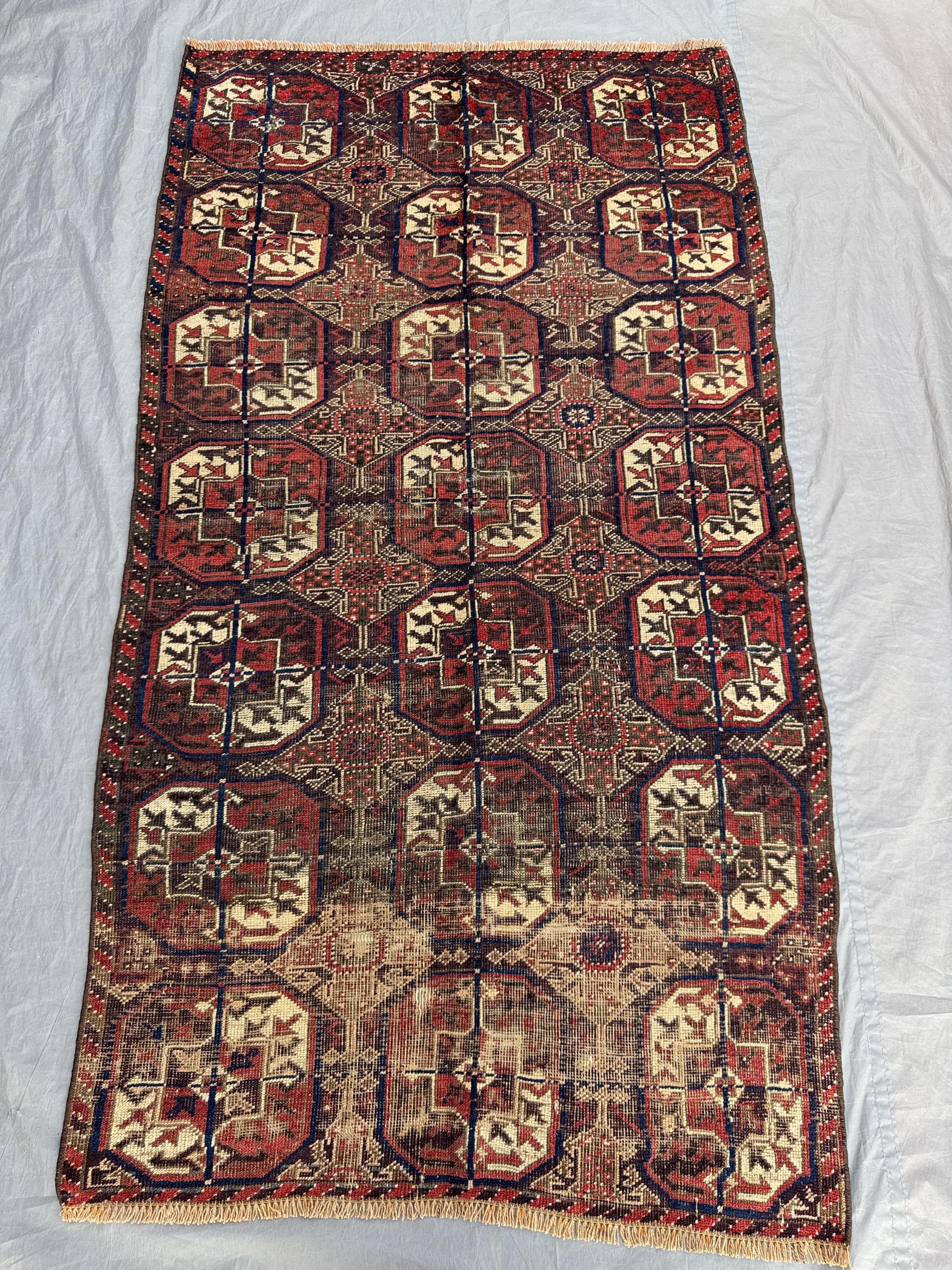Red 3'6 x 6 Ft Turkmen Bukhara Handmade Area Rug Antique Distressed Low Pile Wool Tribal Geometric Small Area Rug Living Room, Bedroom