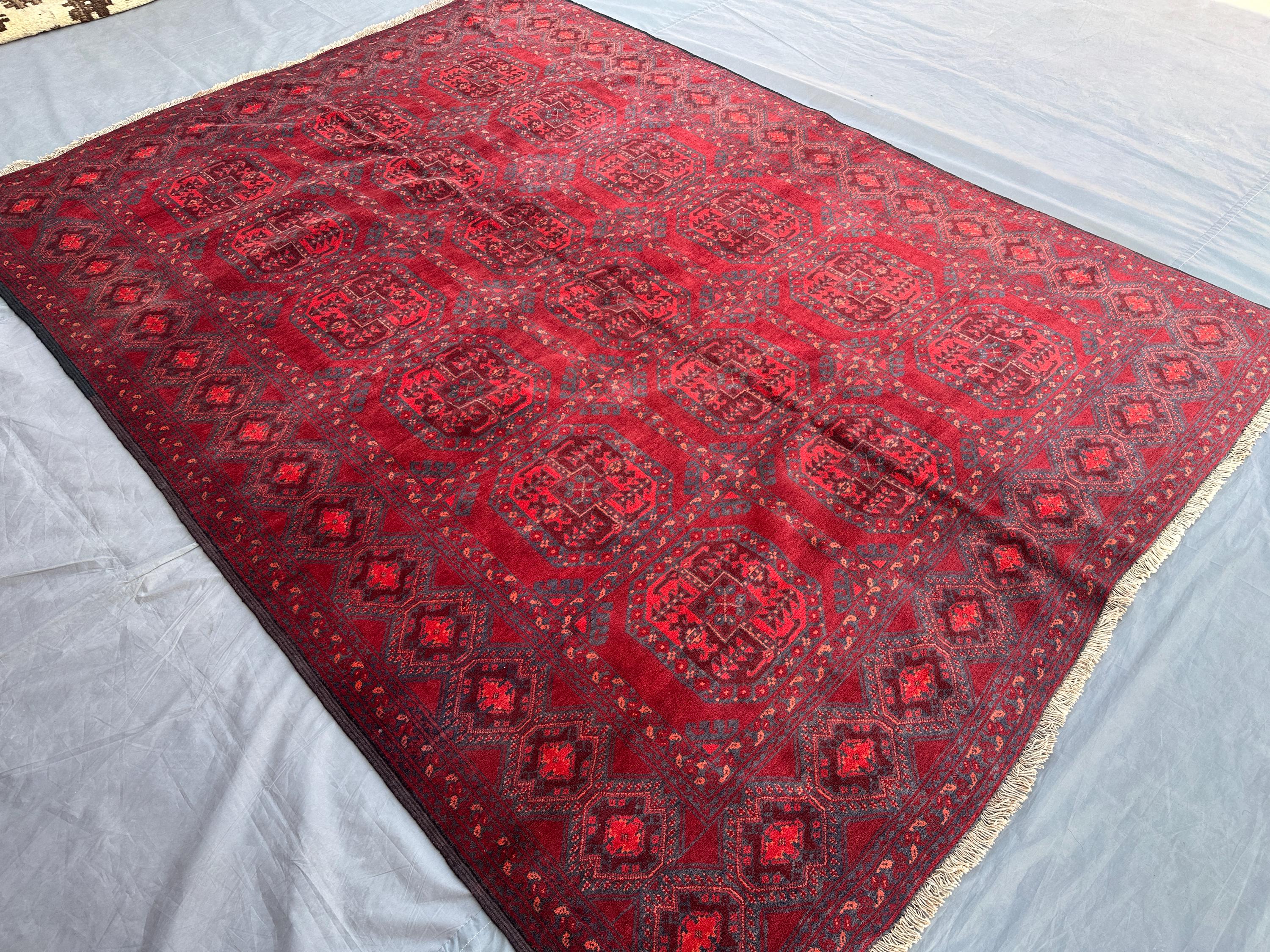 Antique Afghan Ersari Wool Rug 5'4x7'5 ft – Tribal Elephent Foot Design Geometric Red Vintage Area Carpet, Tur