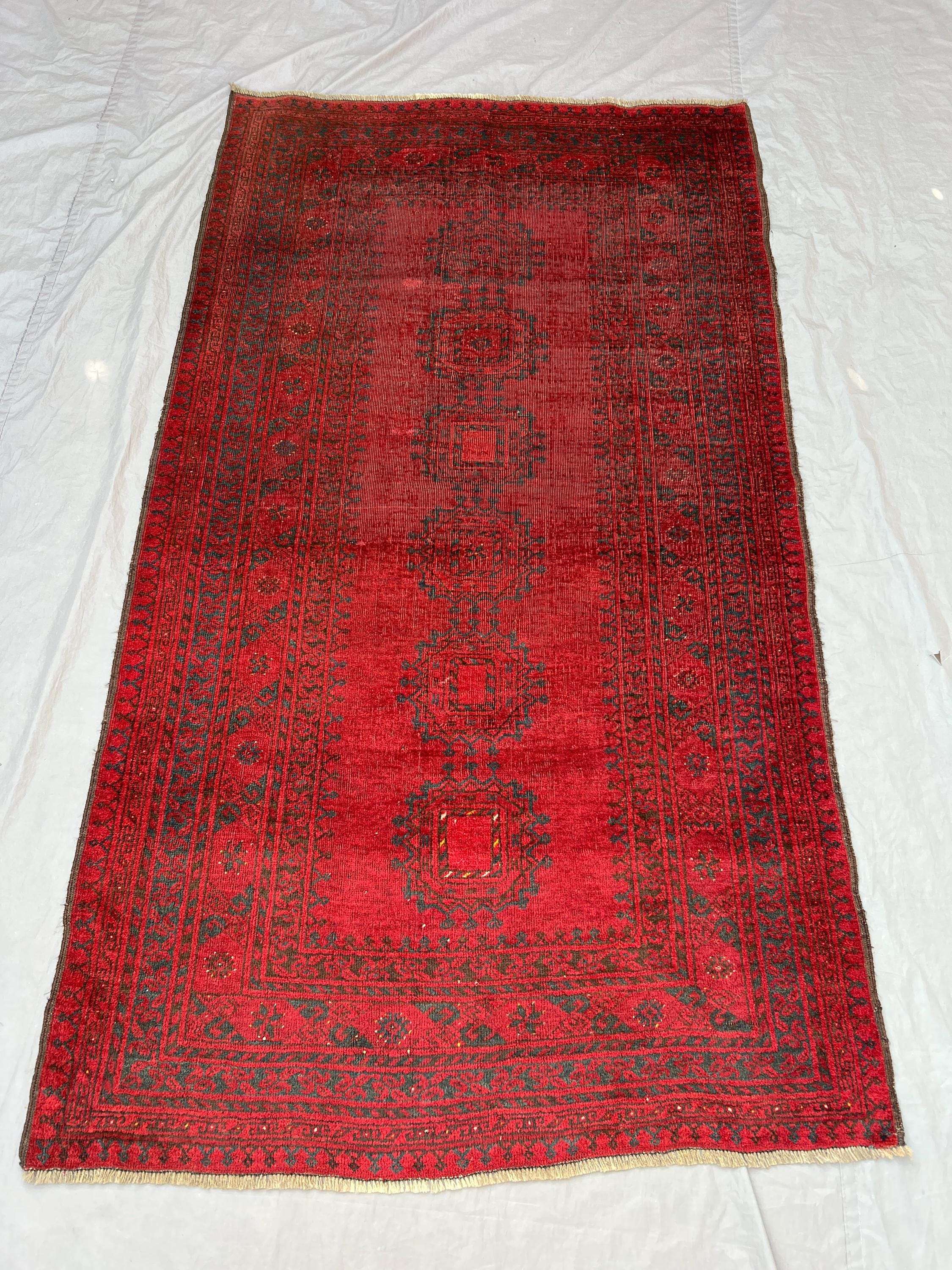3'9x7 Ft Vintage Afghan Ersari Wool Pile Rug Hand-Knotted Triple Octagonal Gul Medallion Vivid Red Dark Navy A