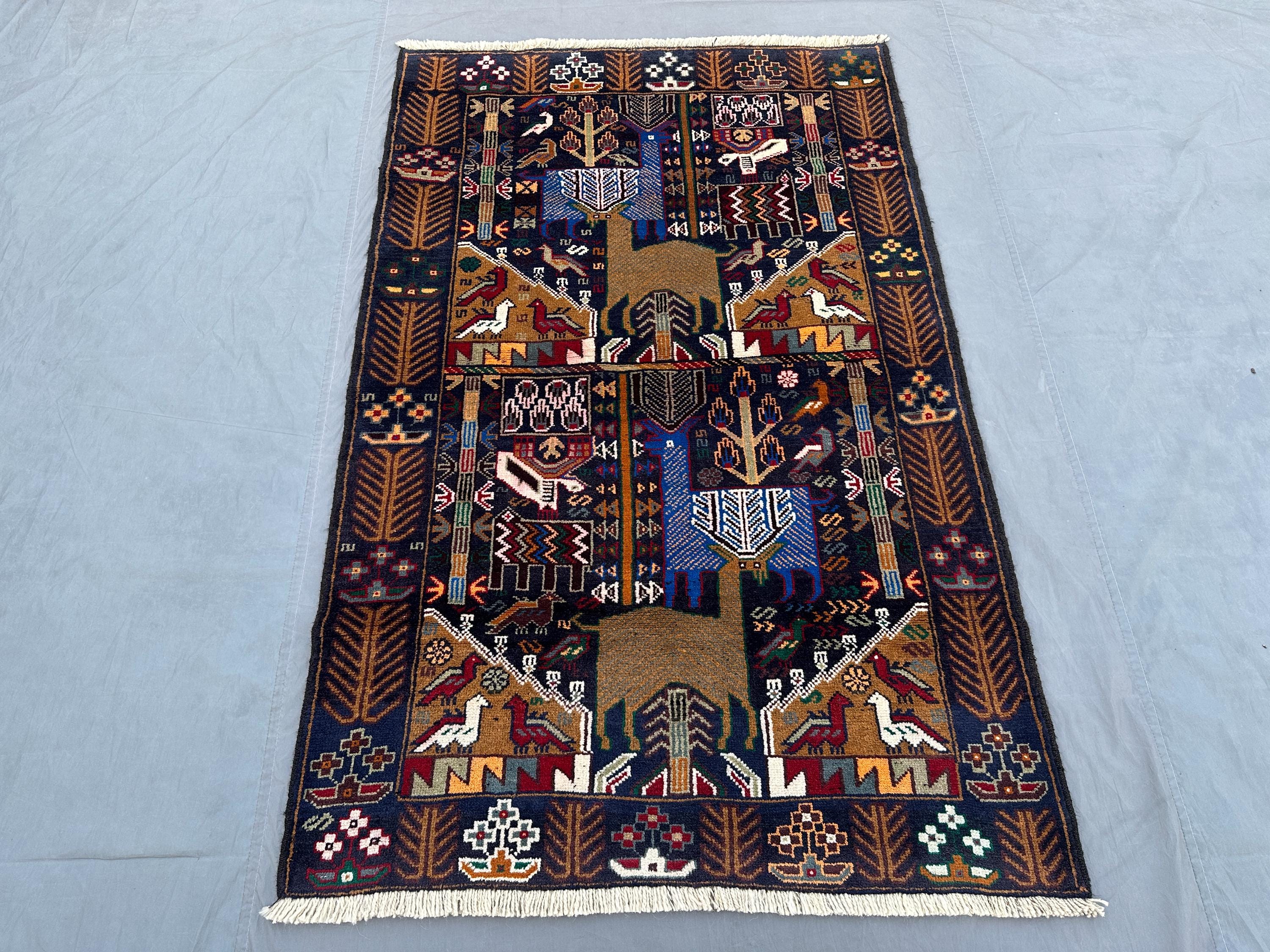4x7 Vintage Afghan Baluchi Rug | Tribal Handmade Pictorial Animal Hunting Rug | Geometric Pattern Wool Kitchen Rug, Wall Hanging & Area Rug
