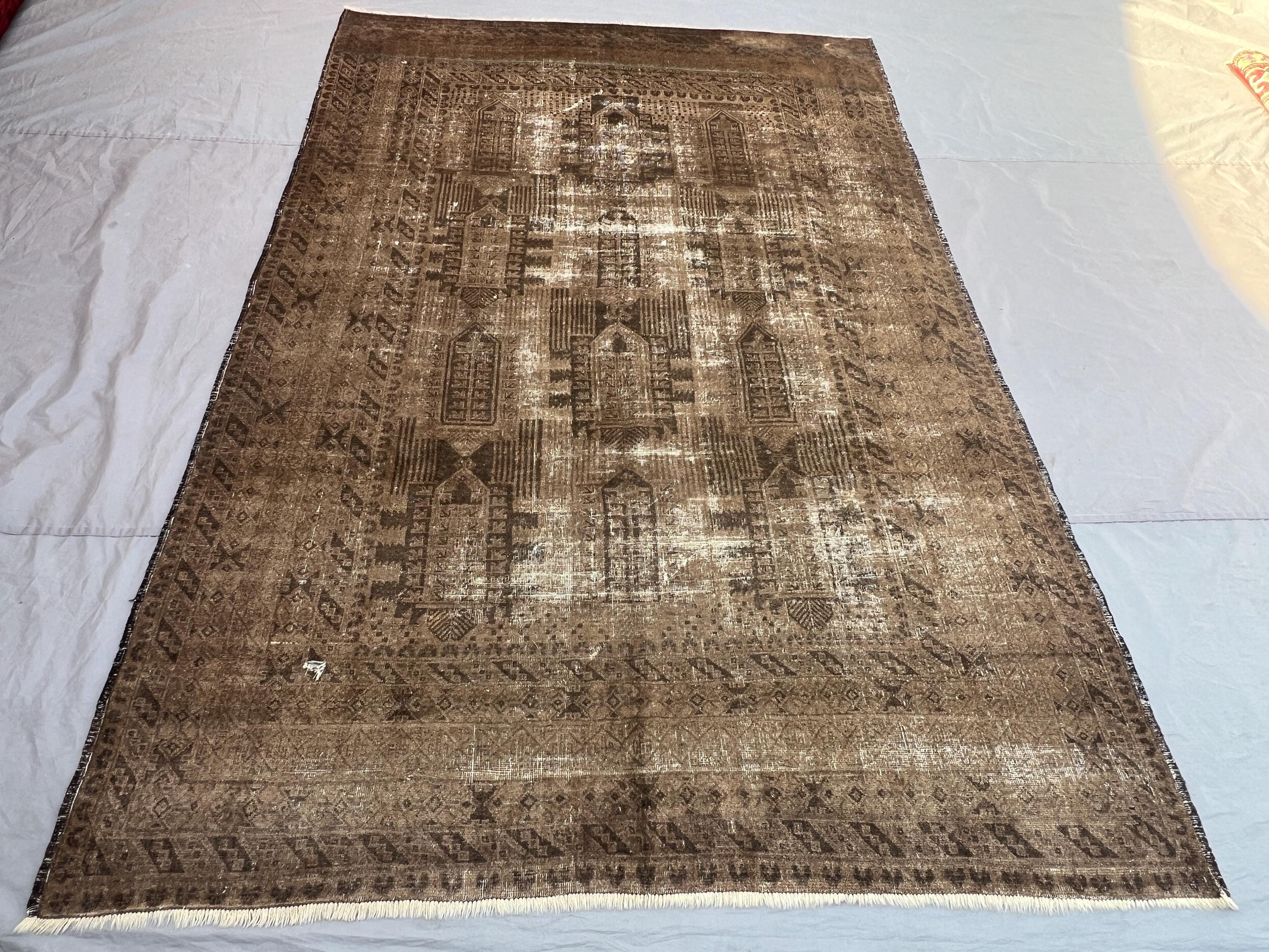 6'10x9'11 Antique Afghan Hand Knotted Wool Rug Distressed Faded Brown Geometric Tribal Arch Motif Boho Living Room Bedroom Area Carpet