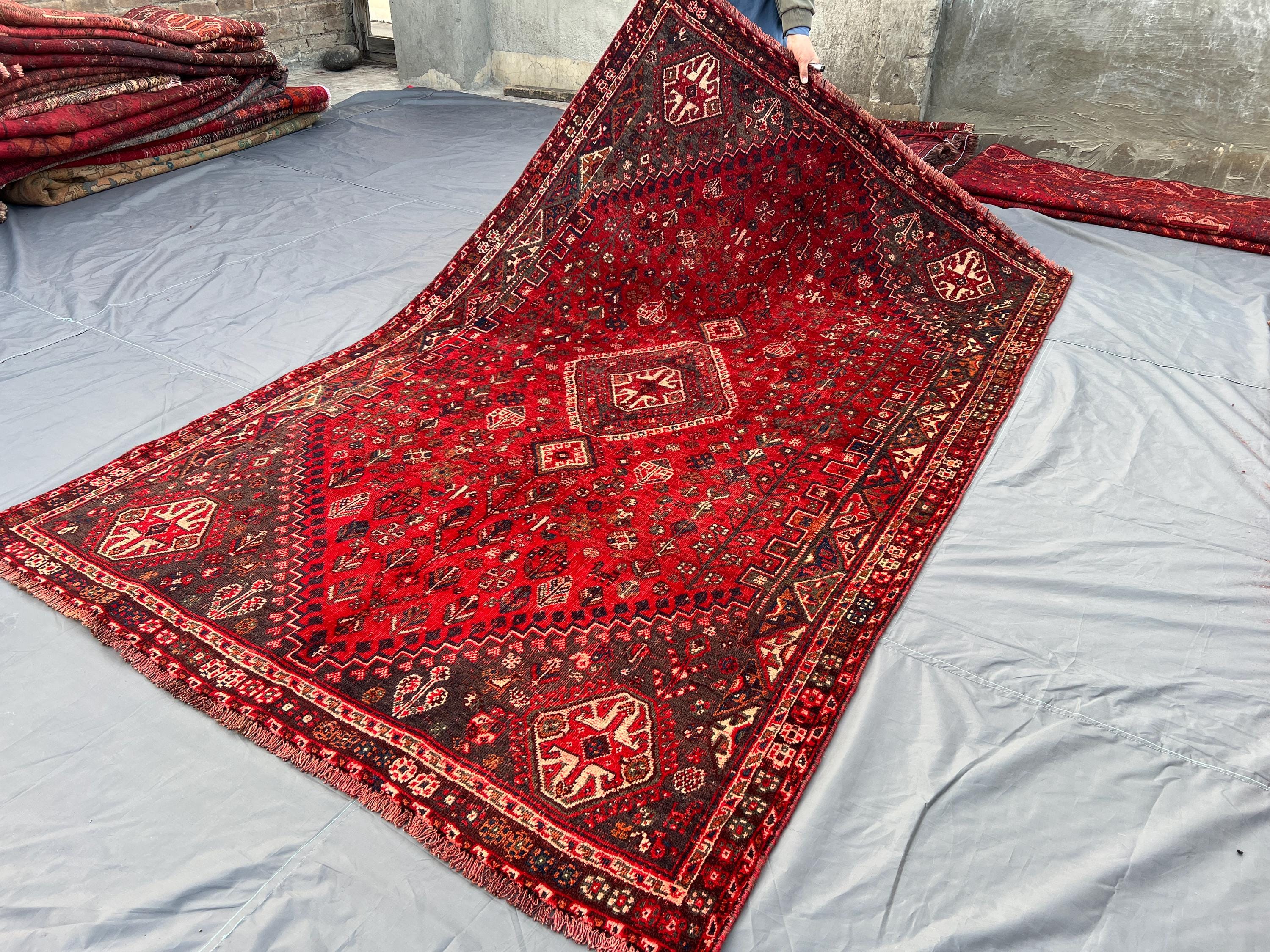 Vintage Turkish Inspired Caucasian Rug 5.2 x 8.5 ft Hand Knotted Faded Red Geometric Area Rug Boho Living Room Decor, Farmhouse Decor
