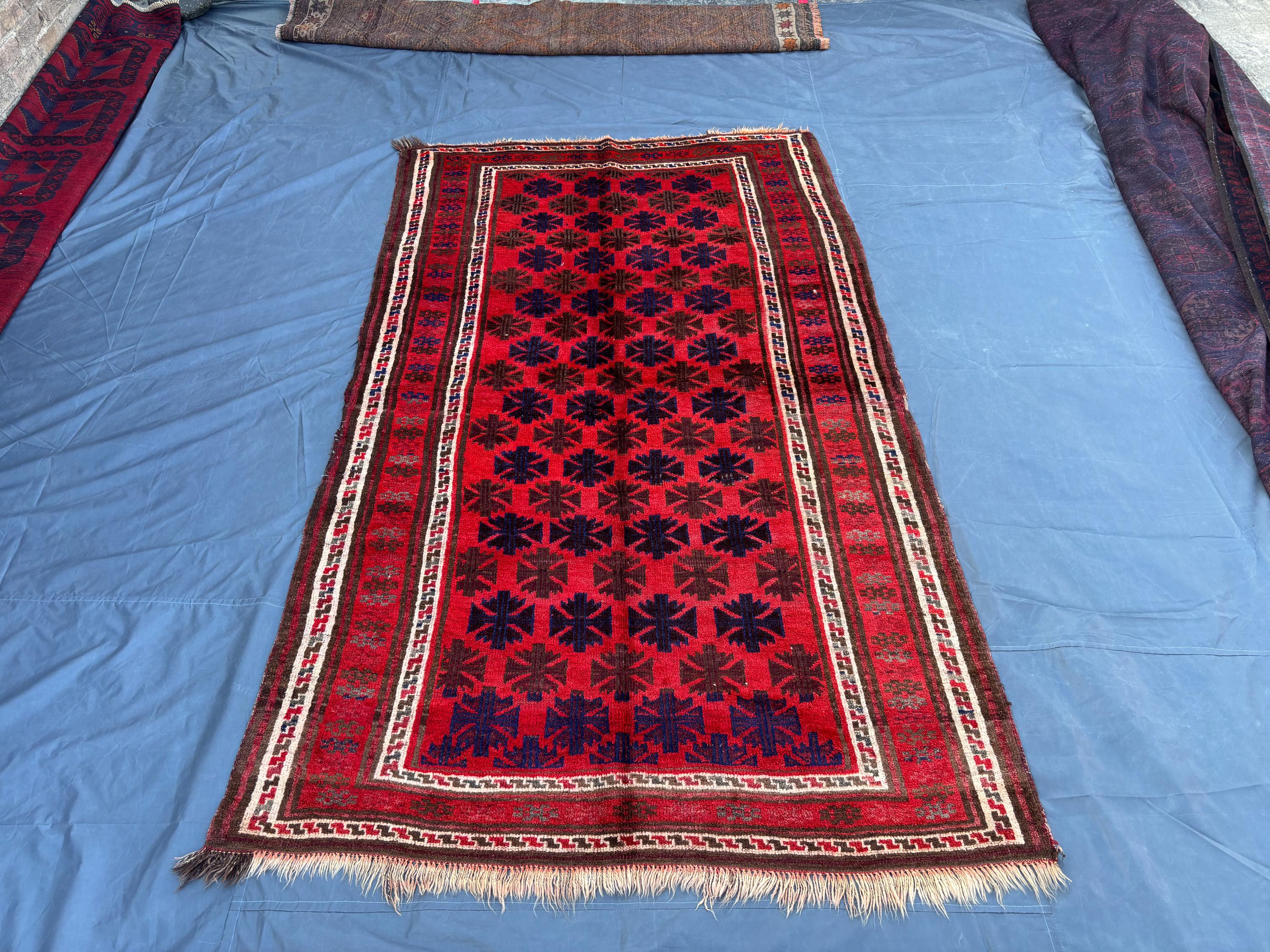 5 x 8'3 ft Vintage Afghan Hand-Knotted Rug | Baluchi Rug Red Geometric Tribal Design | Soft Wool Oriental Carp