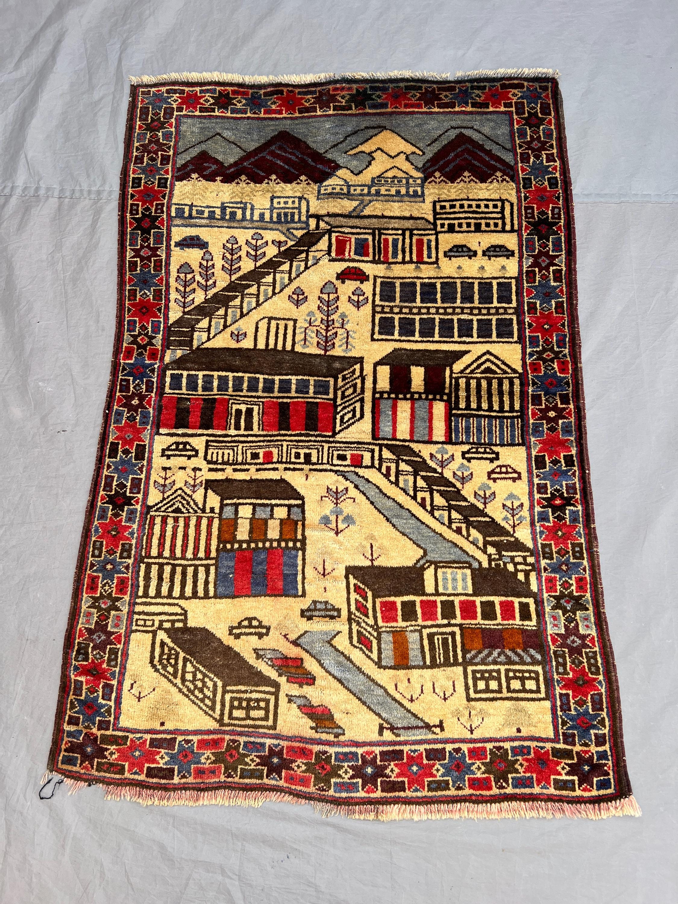 2'9x4'5 ft Vintage Afghan Pictorial Rug – House and Mountain Design, Colorful Handmade Rug, Home Decor, Cozy Living Room Unique Accent Rug