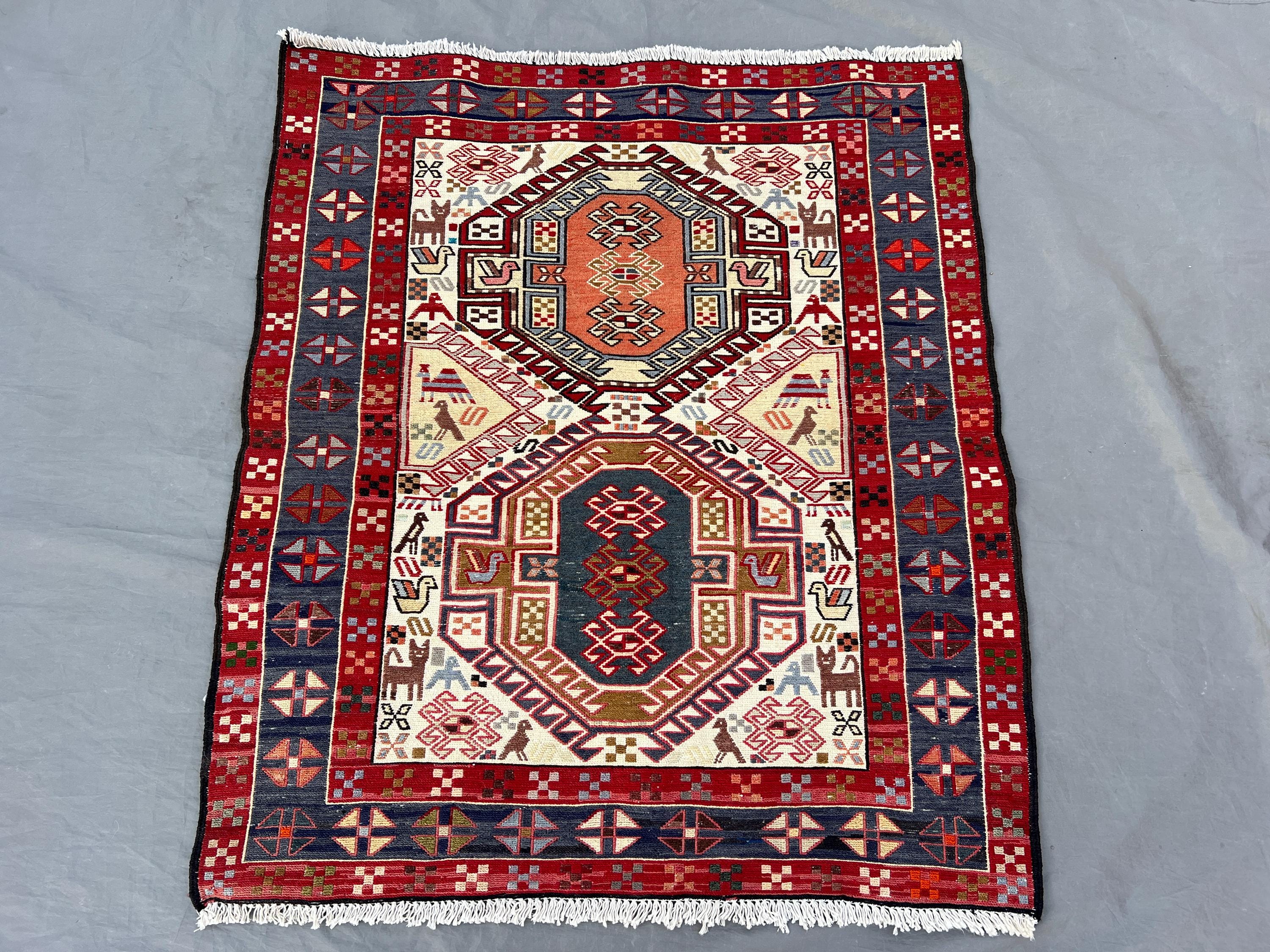 2'9 x 3'1 ft Antique Turkish-Inspired Afghan Pictorial Rug, Peacock Design, Handwoven Wool, Small Area Rug for