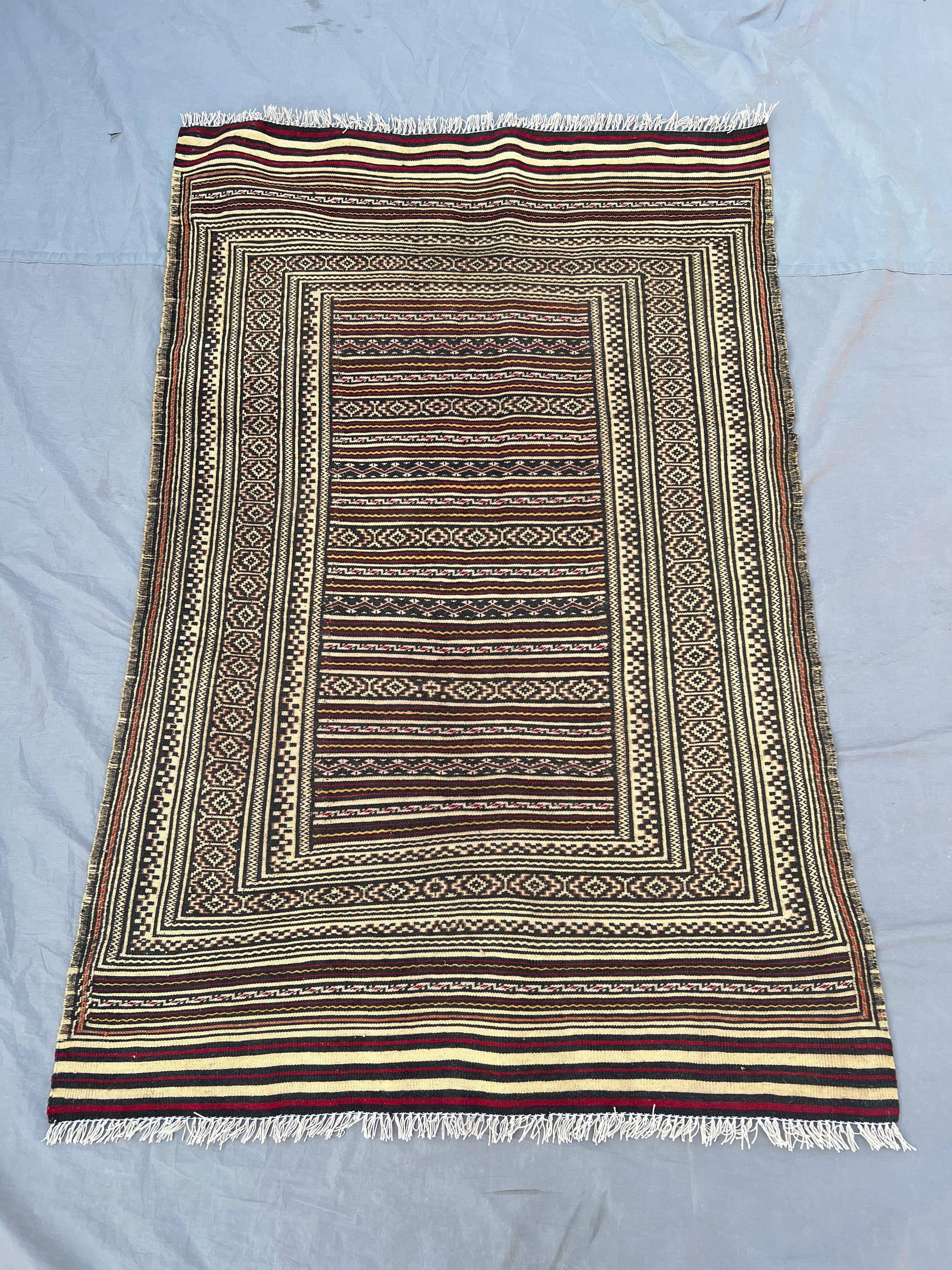 3x4'8 Ft Vintage Afghan Wool Kilim Flat Weave Rug Ivory Black Striped Center Checkered Diamond Border Panel Design Living Room Accent Rug