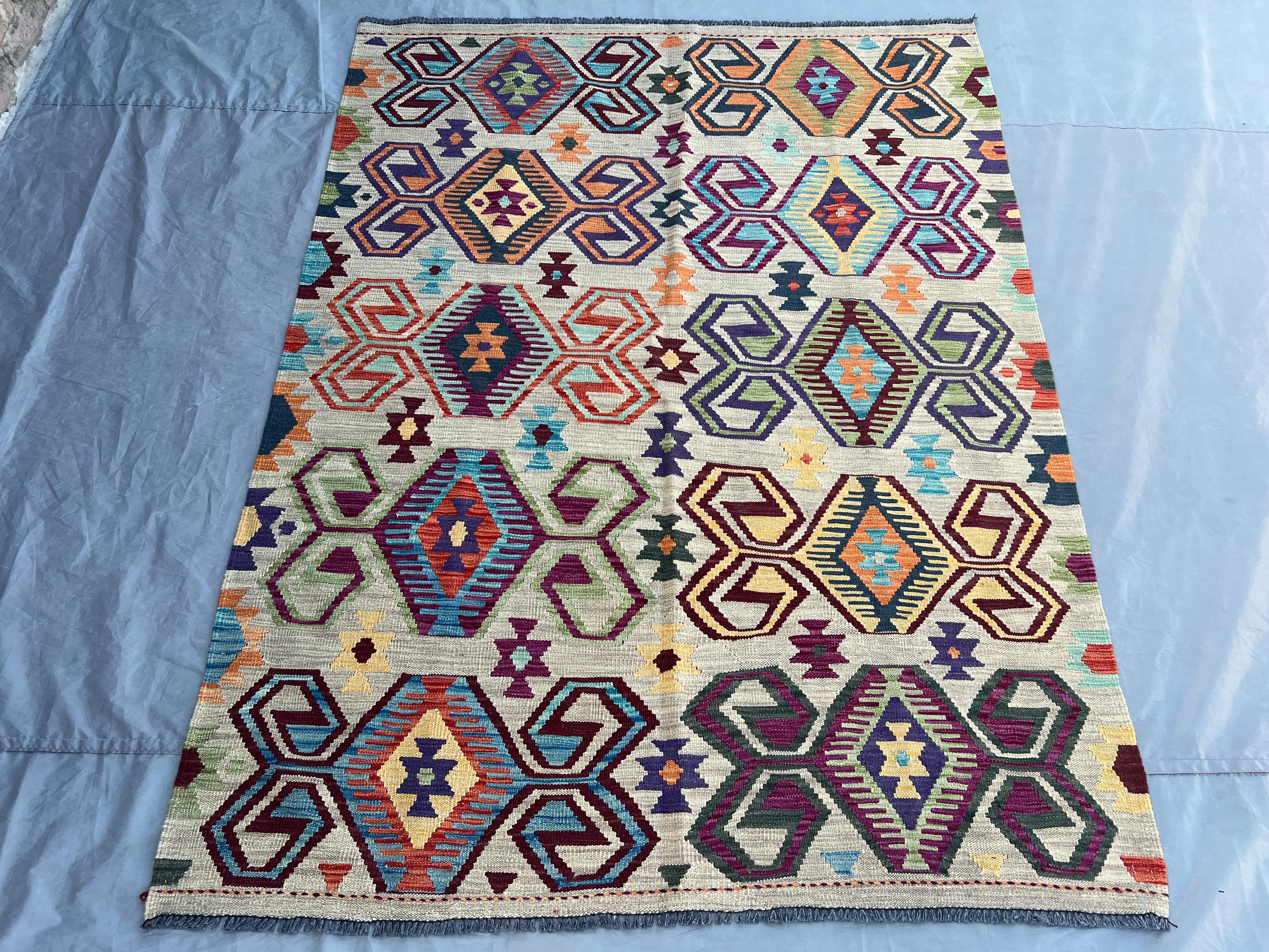 5x7 Afghan Modern Kilim Rug | Handmade Wool Flat Weave | Ivory Red Blue Purple Orange Green Yellow Navajo Style Tribal Area Rug, Bedroom Rug