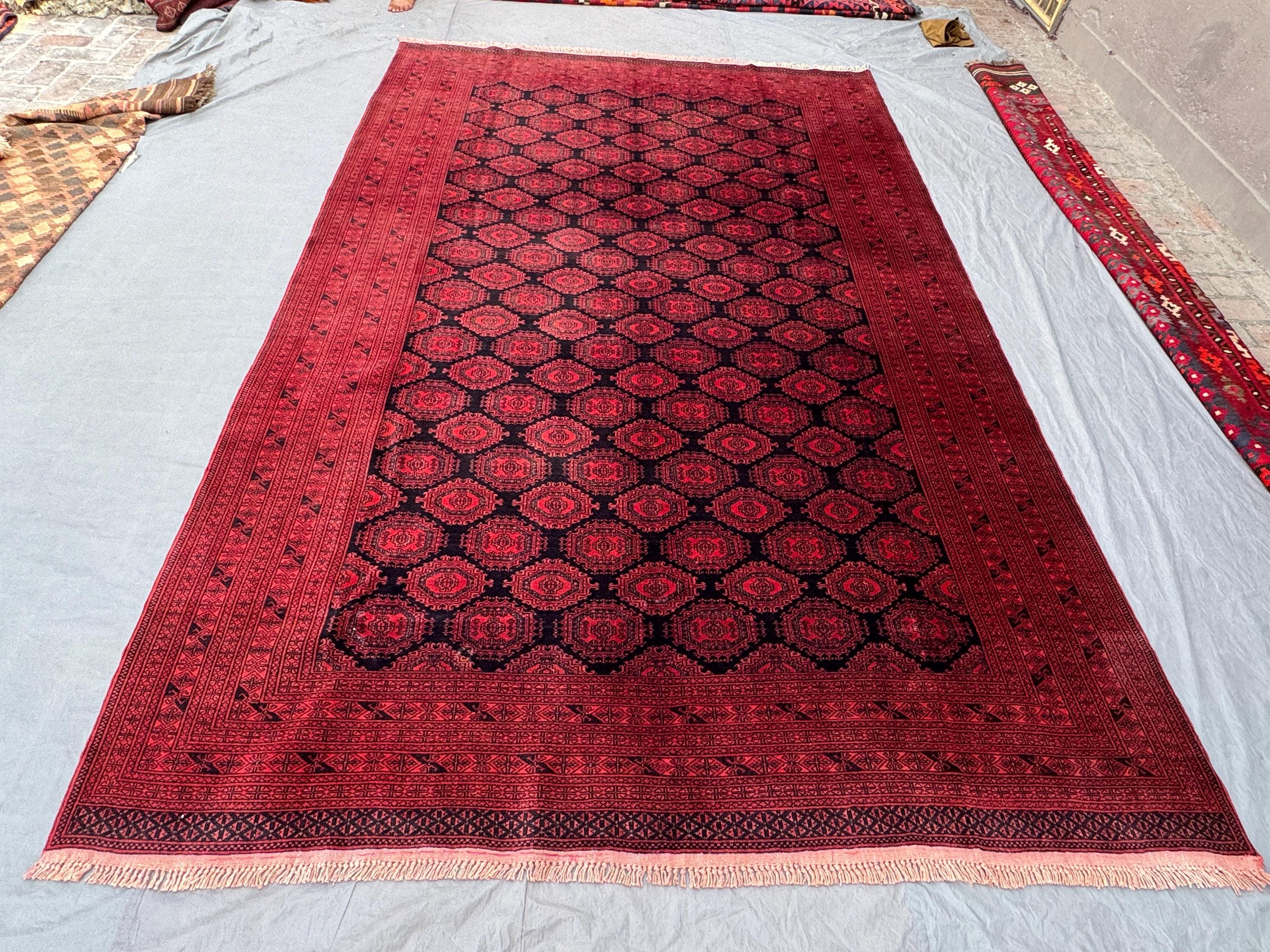 Vintage Afghan Hand-Knotted Rug Turkoman Bokhara Design Soft Pile Large Area Rug 8 x 12 ft One of a Kind Authentic Handmade Rug