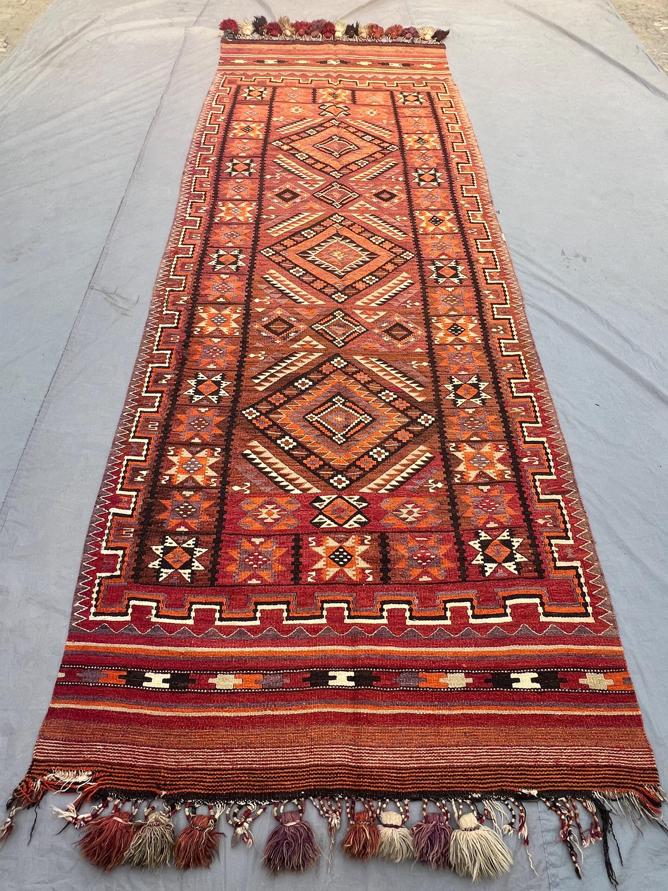 5x13'4 Ft Vintage Afghan Kilim Flatweave Runner | Fiery Orange Red Geometric Diamond Medallion Tribal Wool Kilim | Hallway, Boho Living Room