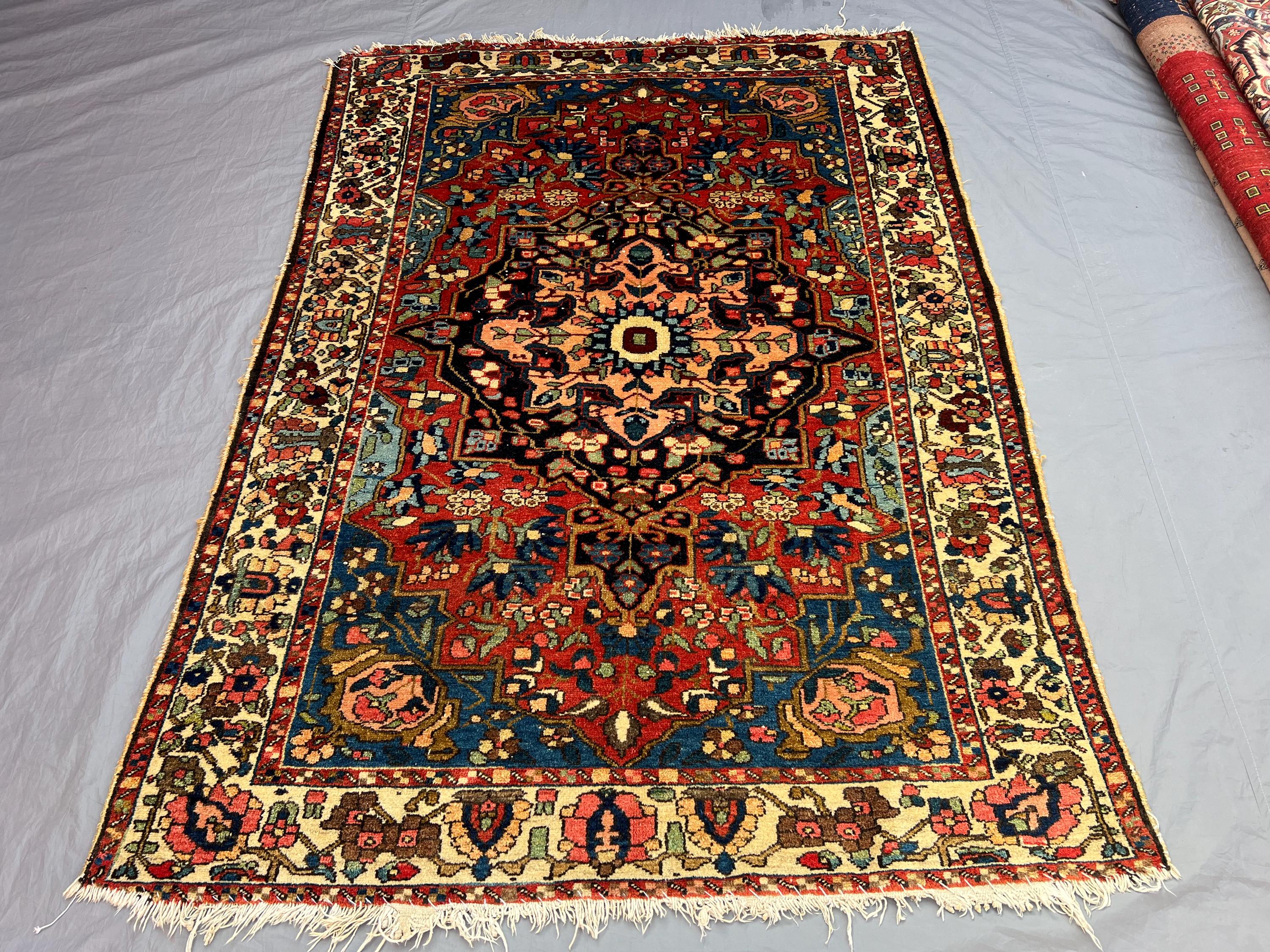 Vintage Afghan Hand-Knotted Rug, 4'8x6'7 ft, Geometric Tribal Design, Soft Pile, Terracotta, Red, Blue, Wool,