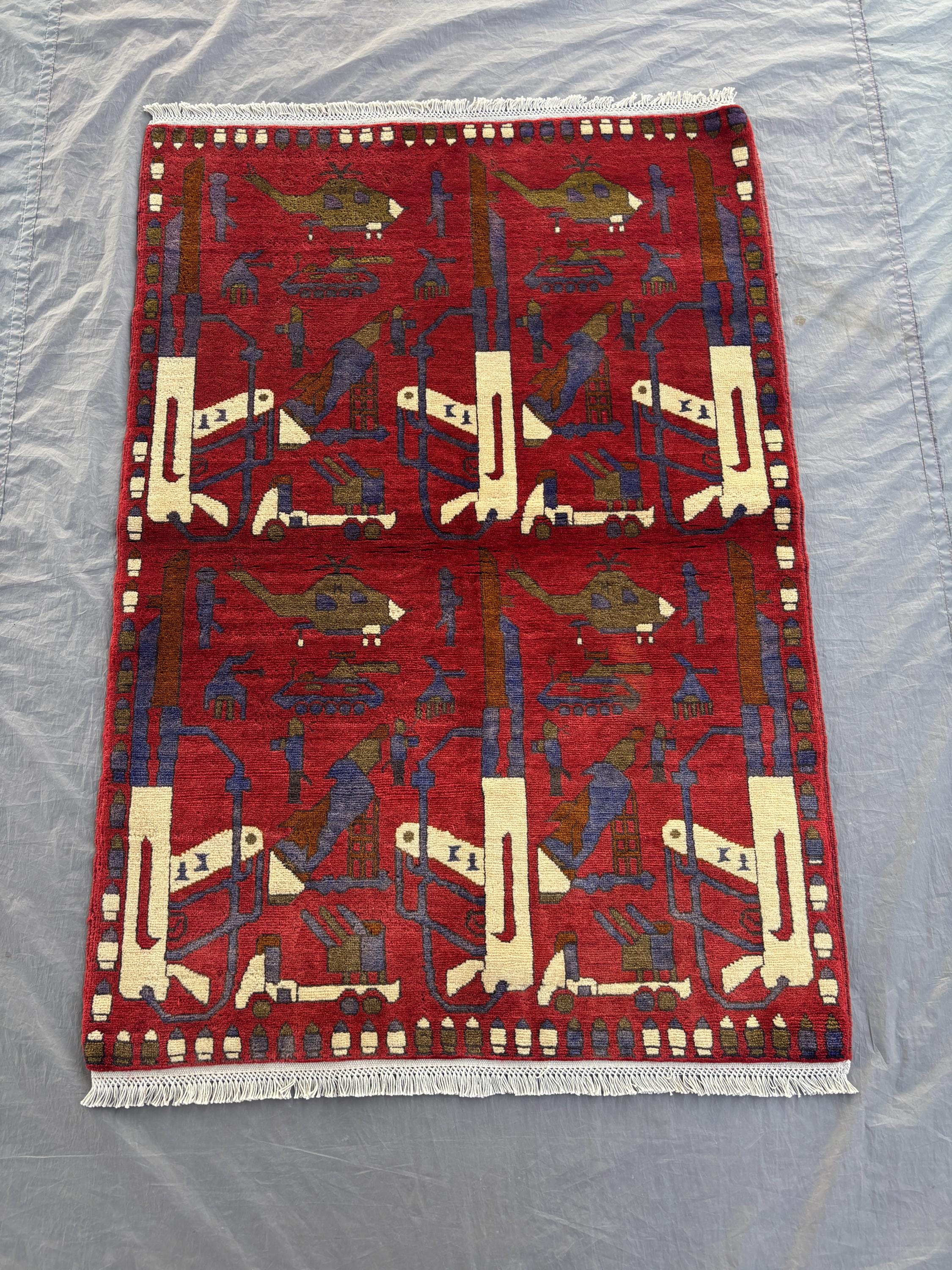 Afghan War Rug 3.4 x 4.11 Ft Hand-Knotted Wool Modern Pictorial Design Soft Pile One of a Kind Home Decor