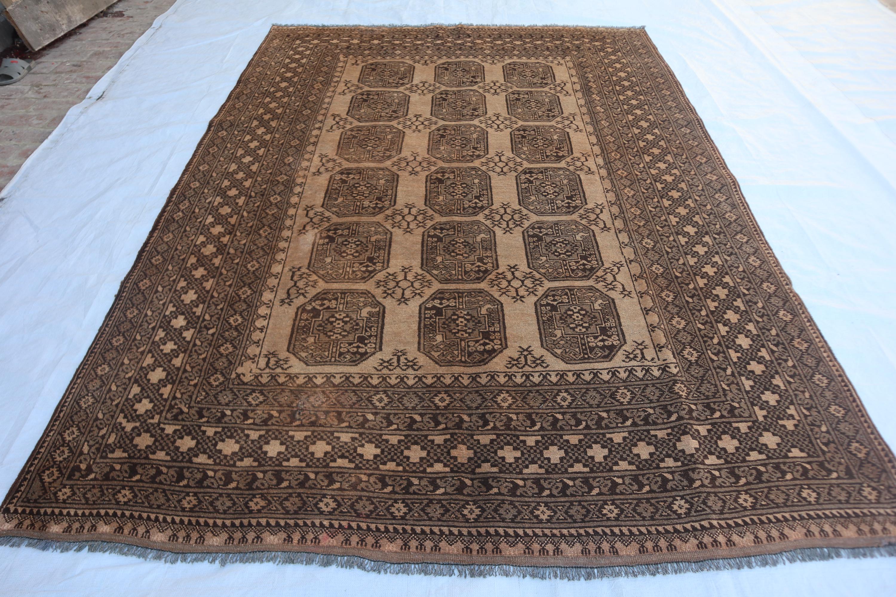 7x10 Elephant Foot Rug, Antique Turkmen Wool Carpet, Afghan Tribal Handmade Rug, Brown Beige Geometric Oriental Area Decor Large Bedroom Rug