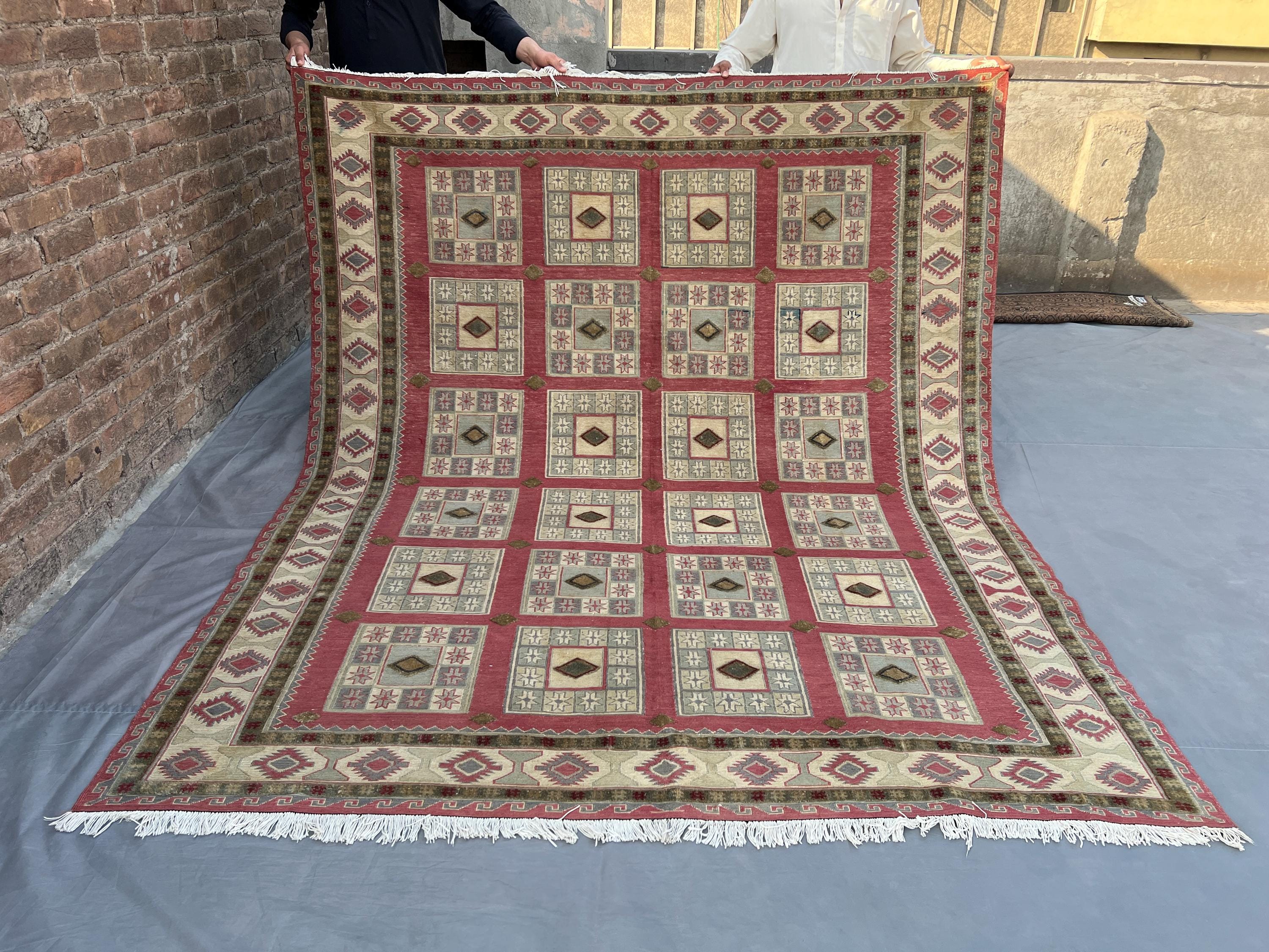 6'9x8'2 ft Vintage Afghan Handmade Kilim Rug, Geometric Flat Weave Tribal Wool Rug, Faded Living Room Area Rug, caucasian Kilim rug