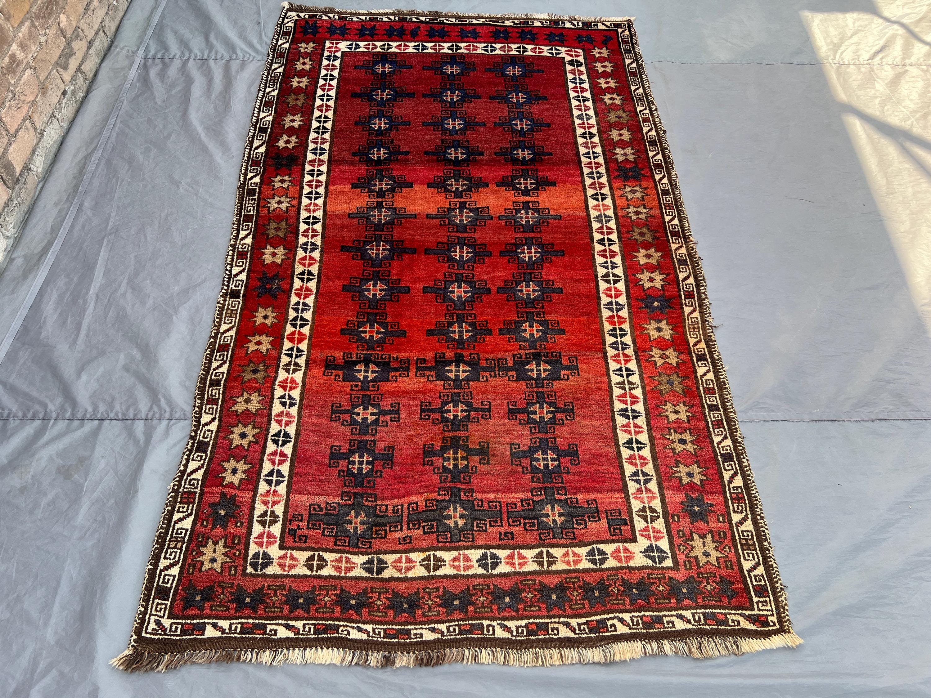 Antique Afghan Baluchi Rug 4'6x7'5 Ft | Hand Knotted Wool Tribal Carpet | Red Orange Ombre Floor Rug | Ethnic