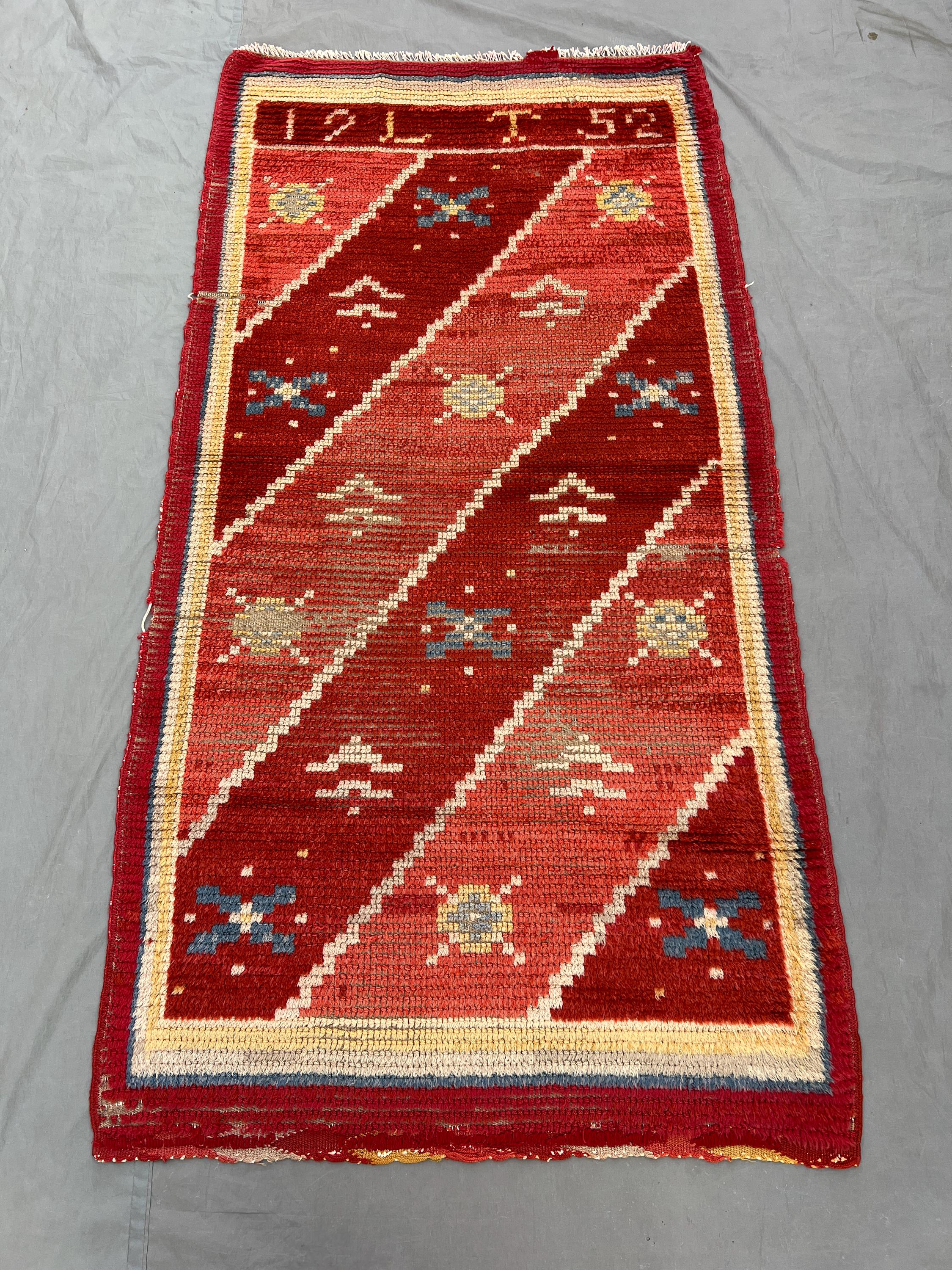 Afghan 3 x 6 ft hand knotted vintage low pile distressed rug, one-of-a-kind small area Baluchi tribal geometric moss decor