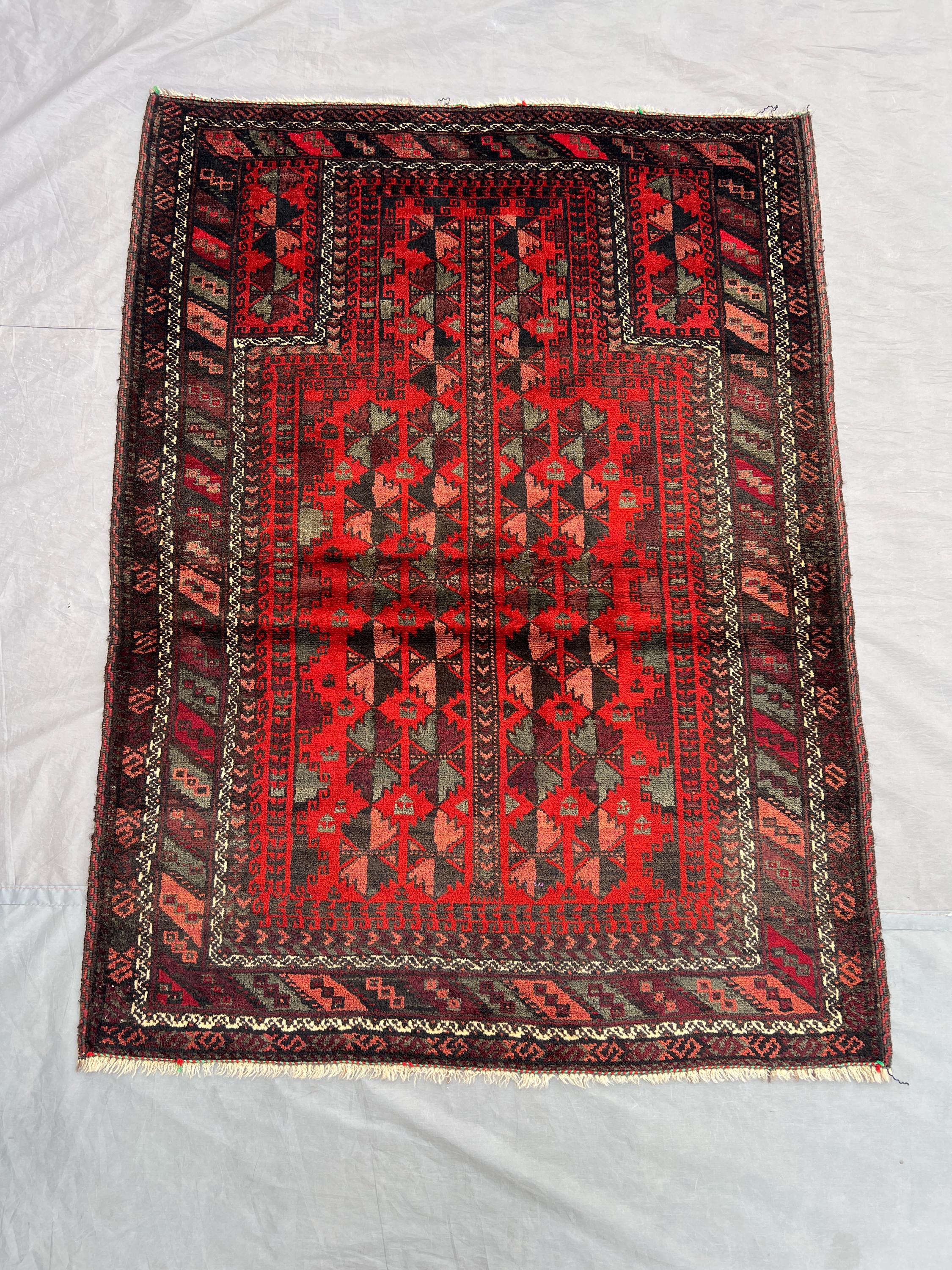 3 x 4 ft Afghan Hand Knotted Vintage Turkoman Ersari Prayer Rug Red Brown Soft Wool Tribal Geometric One Of A
