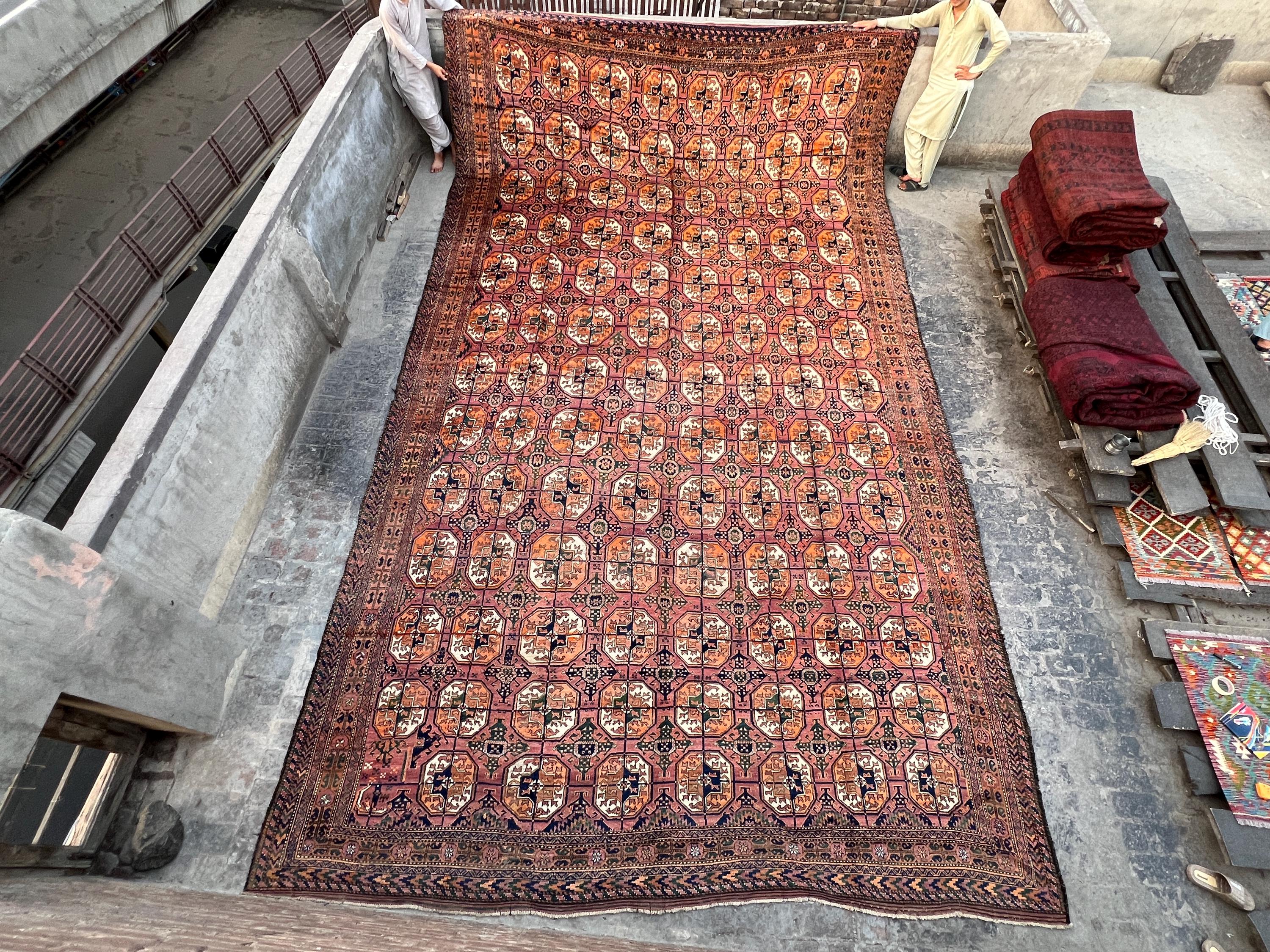 1850s Antique Turkmen Rug 13x22 ft | Rare Tekke Ersari Wool Carpet | Oversized Handmade Palace Rug | Geometric