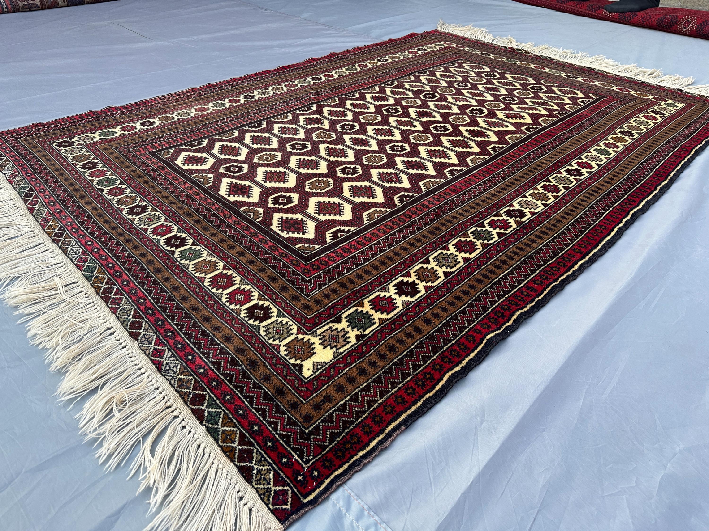 4.2x6 ft Vintage Afghan Tribal Baluch Rug Hand-Knotted Wool Geometric Design Red Cream Brown Rug Living Room Decor Rug, Kitchen rug