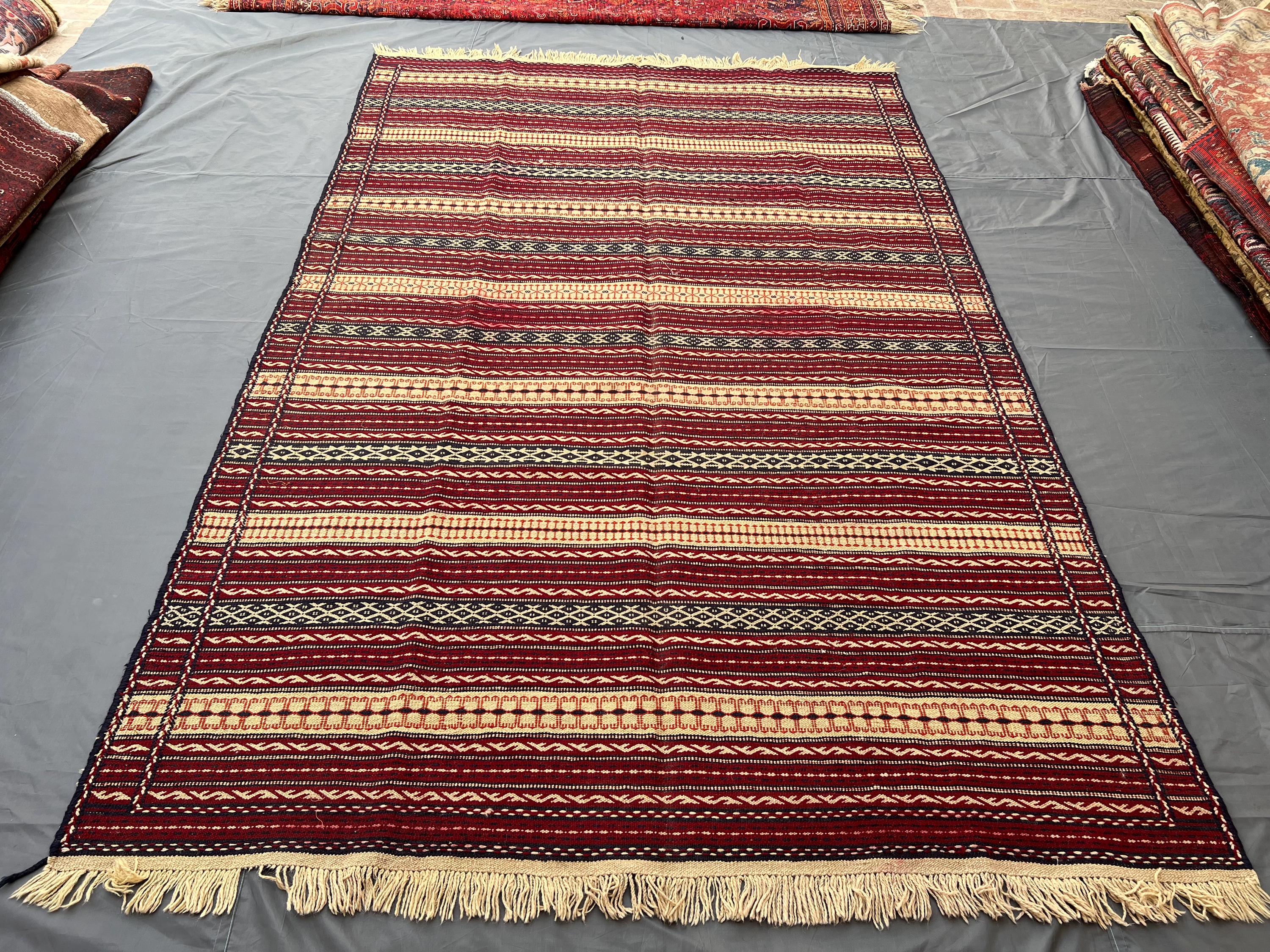 7x10 Charming Red Vintage Afghan Kilim Rug, Handwoven Flat Weave Sumak Carpet, Distressed Faded Tribal Decor f