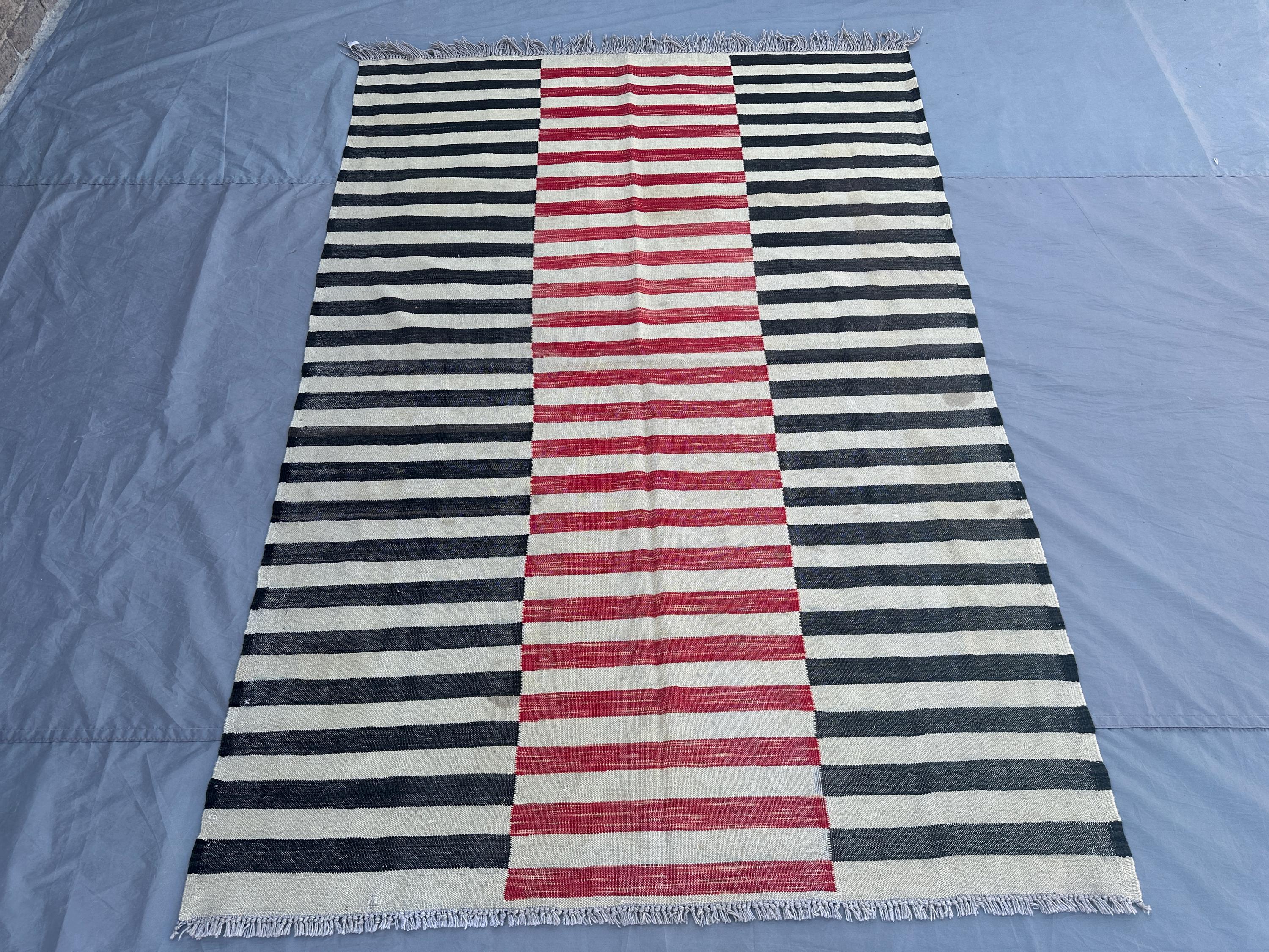 5x8 Afghan Gabbeh Kilim Rug | Handwoven Wool Flat Weave Carpet | Minimalist Striped Design | Black Red Ivory Modern Decor | Boho Area Rug