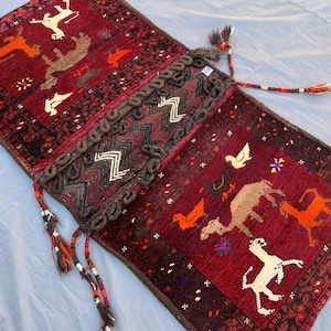 2.2x4.4 ft Afghan Turkmen Pictorial Saddle Bag Rug Handwoven Animal Design Traditional Decor, Rustic Decor, Geometric pattern