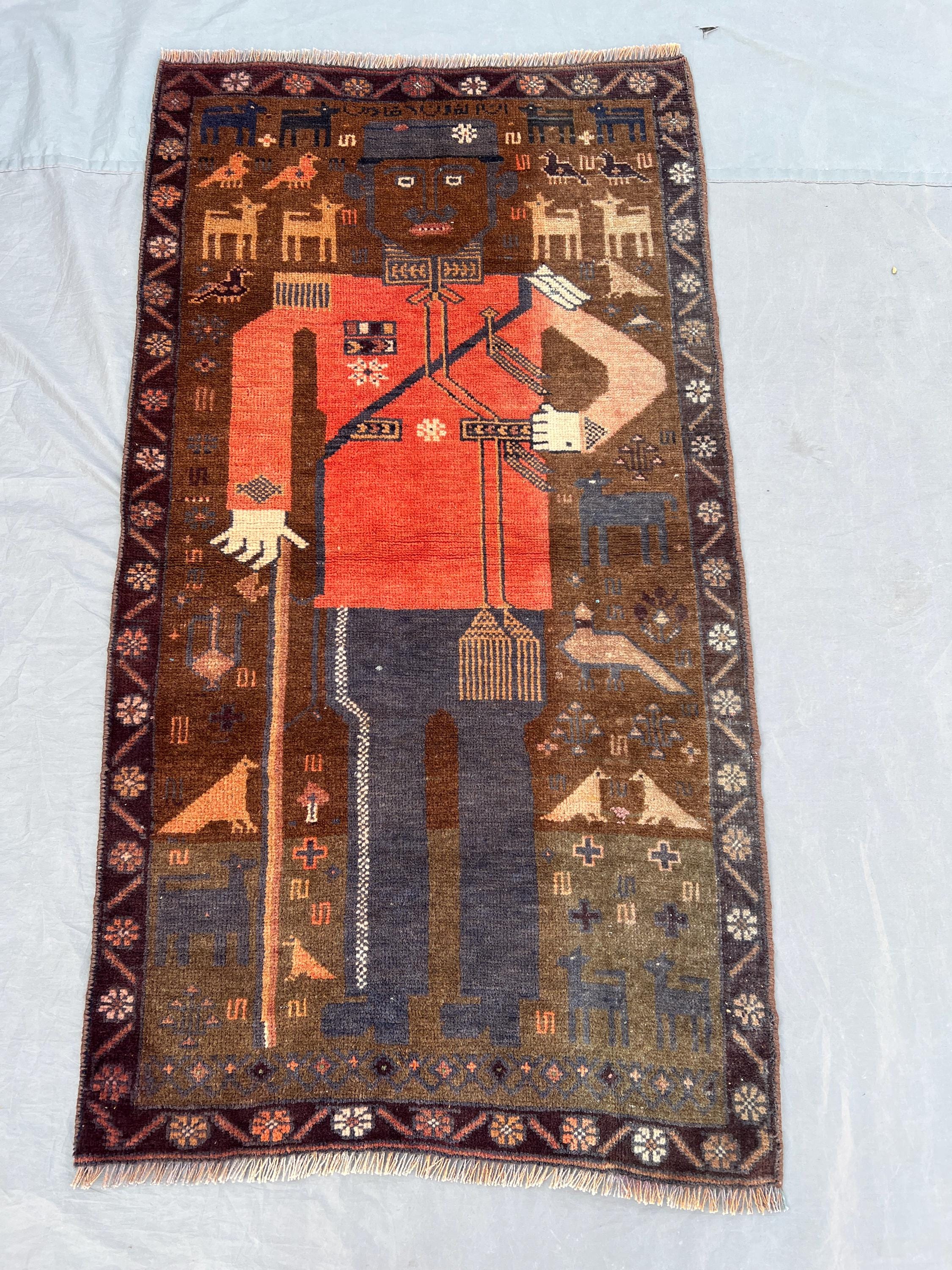 2'5x4'3 Vintage Afghan Pictorial Rug | Hand Knotted Wool Area Rug | Brown Orange Folk Art Soldier Figure Rug | Bohemian Accent Rug