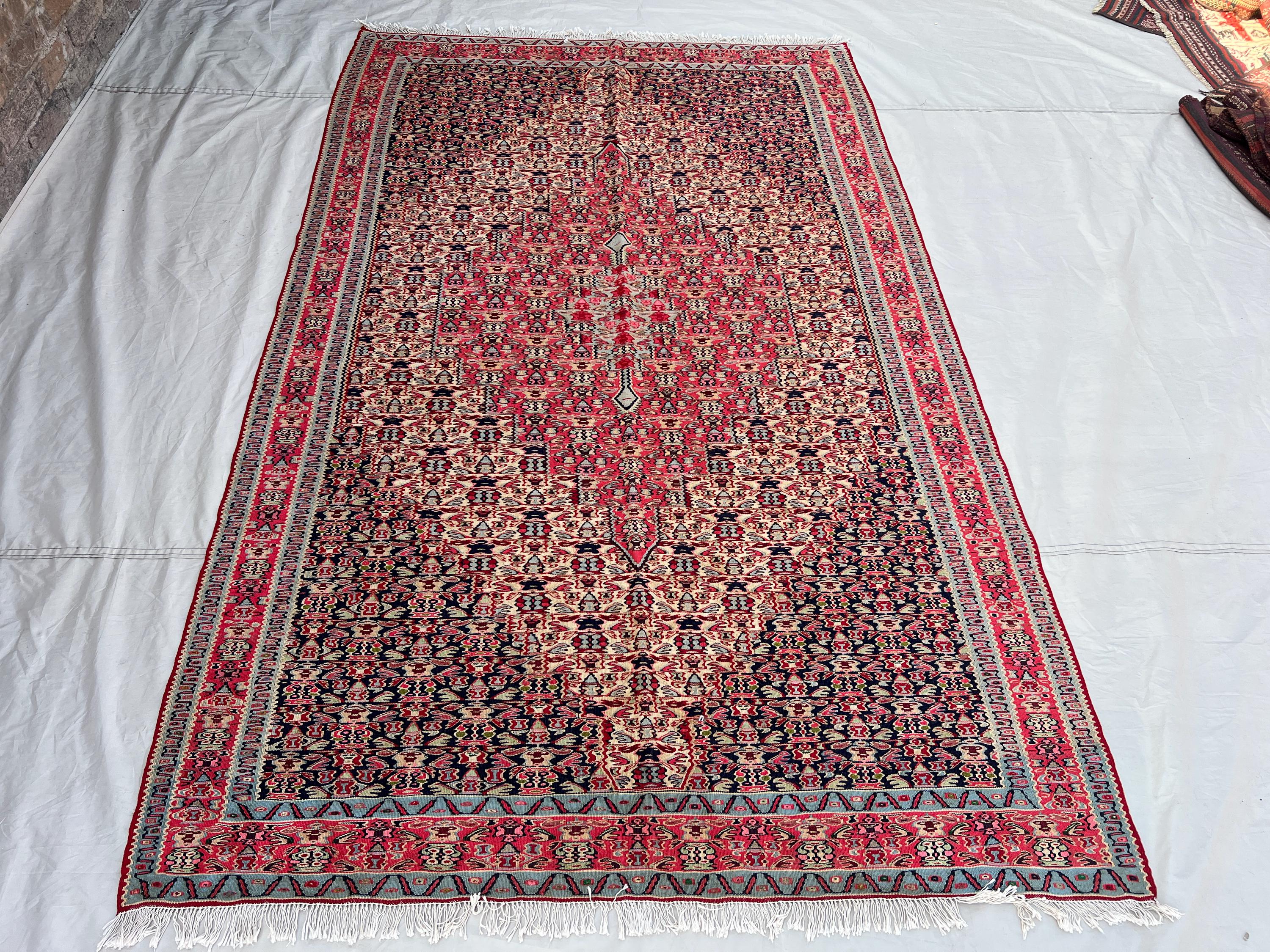4'11x7'11 Ft Vintage Afghan Tribal Kilim | Flat Weave Wool Area Kilim | Navy Blue Red Ivory Floral Boteh Diamond Medallion Kilim Living Room