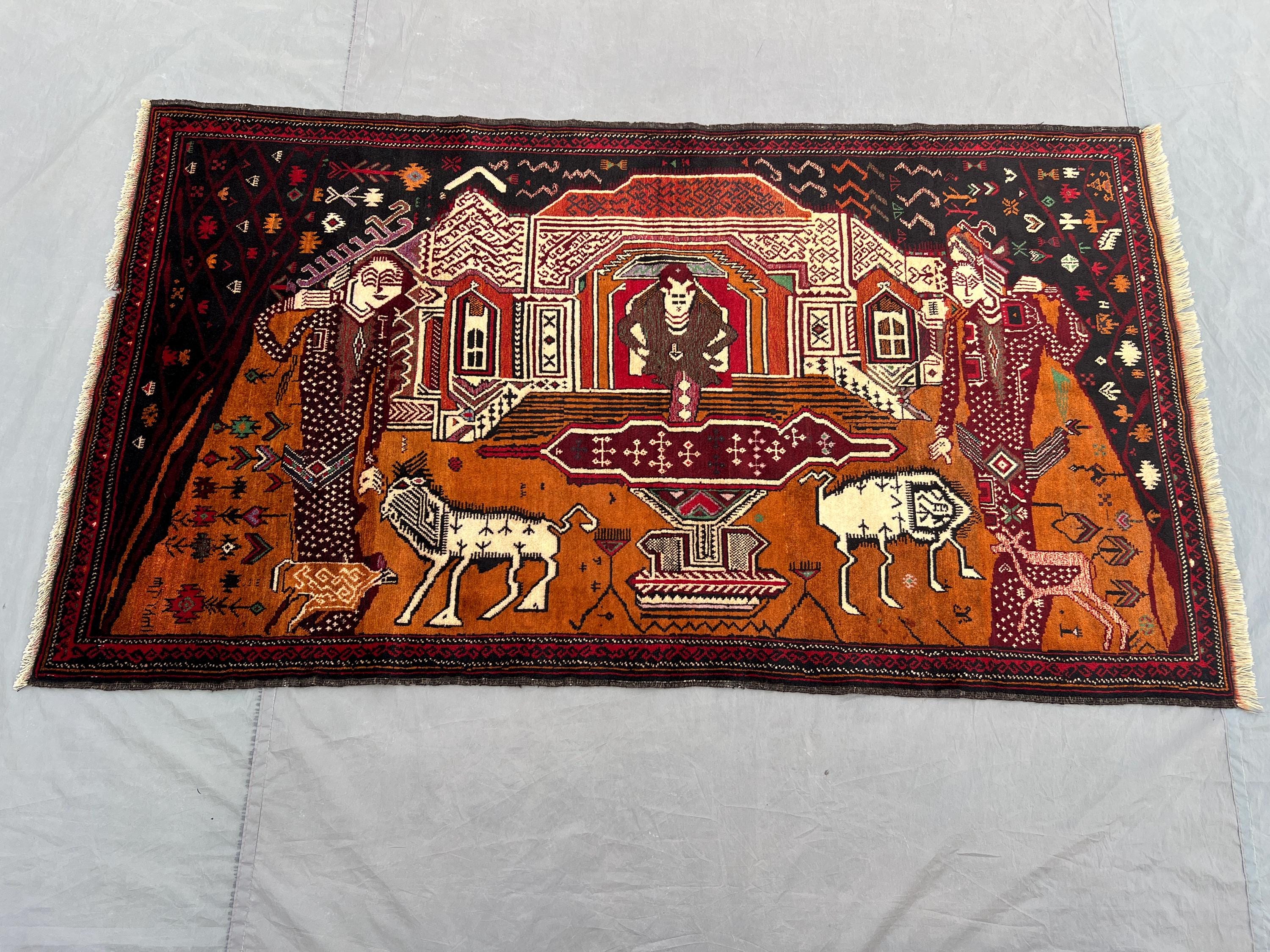 3'4 x 6 ft Brown Vintage Afghan Hand-Knotted Pictorial Rug, Rare Tribal Wool Carpet, Animal & Human Design, On